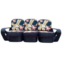 Restored Black Frankl Style 6-strand Square Pretzel Rattan Sofa Lounge Chair Set