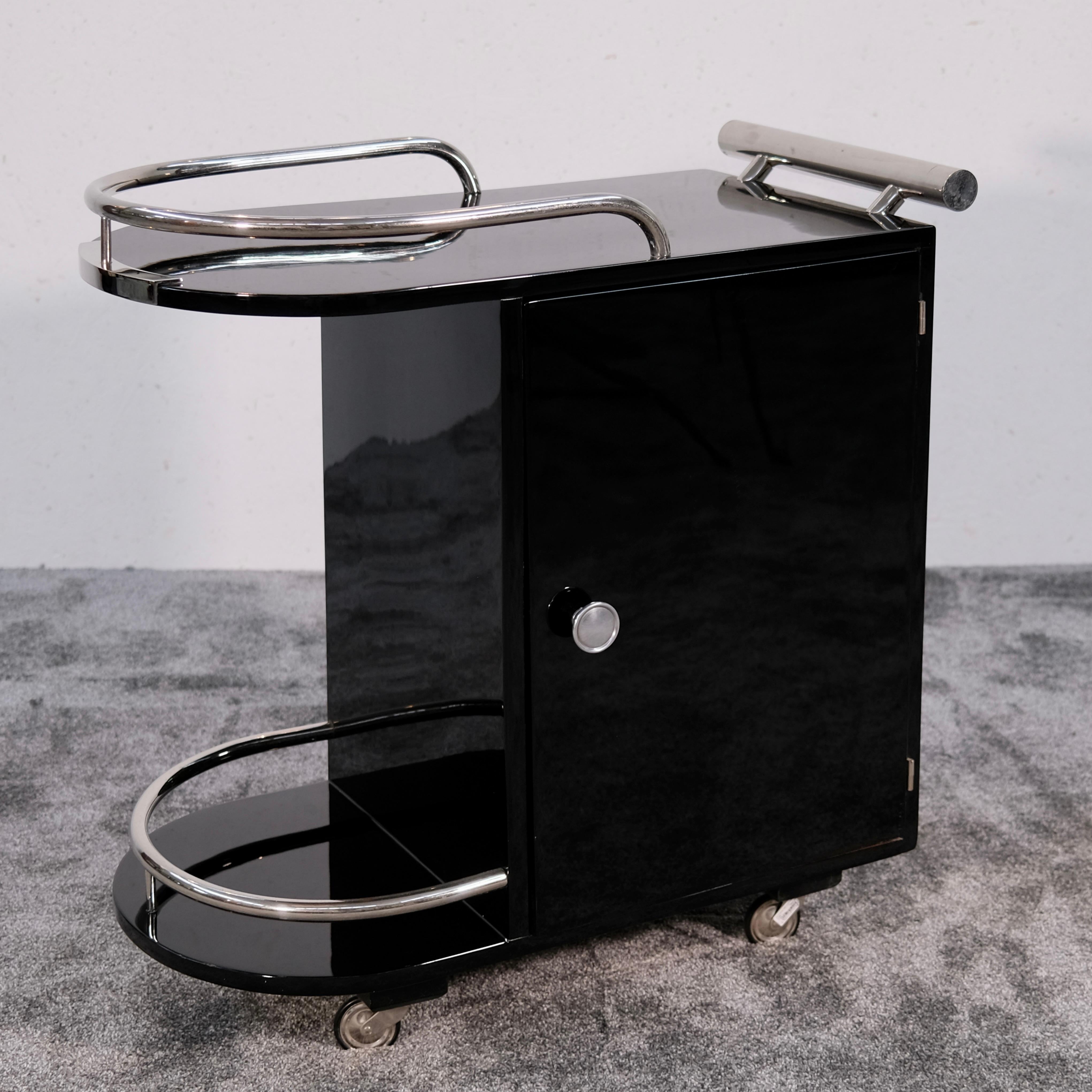Carrello da cocktail Art Déco restaurato e laccato nero con portabottiglie, Francia, anni '30 in vendita 1