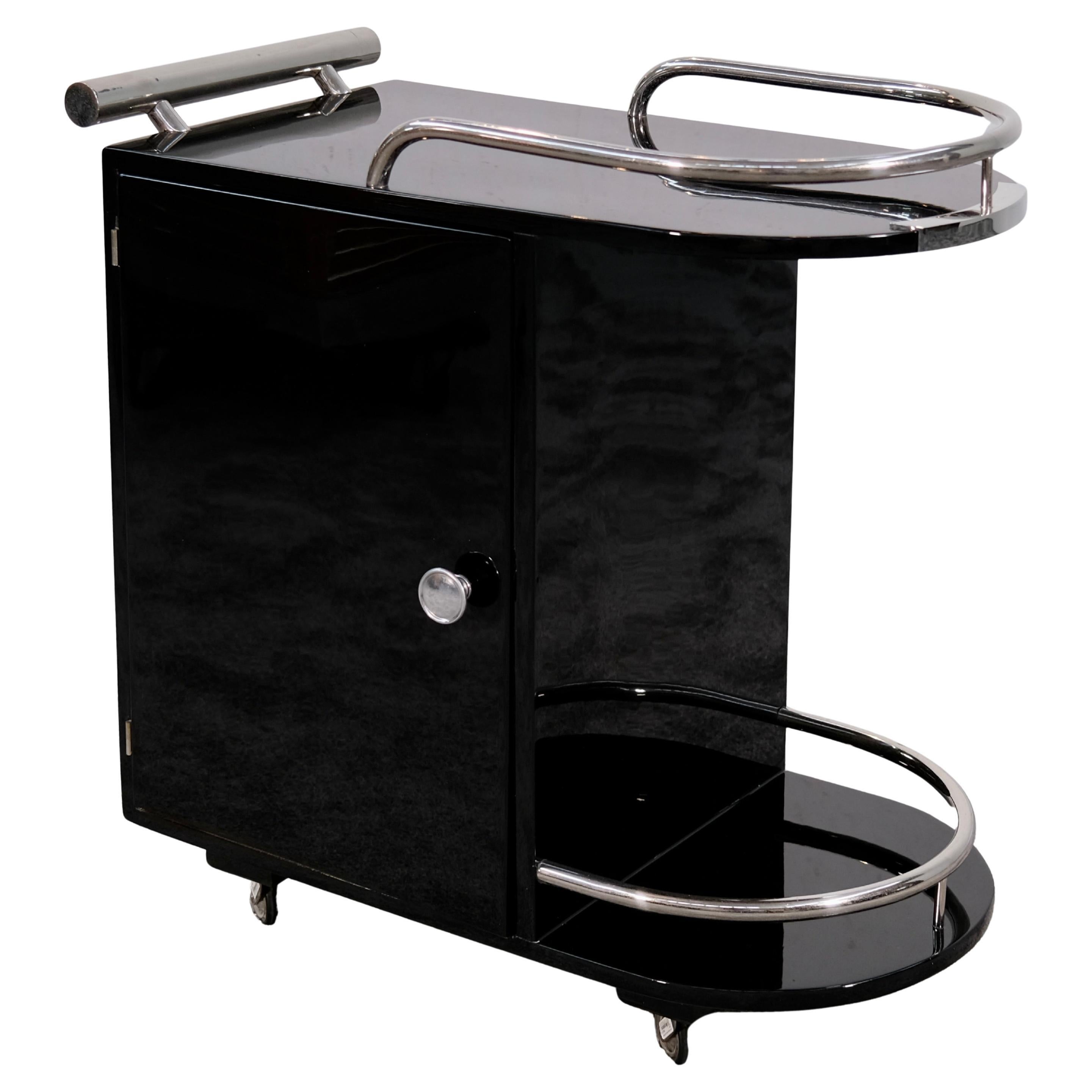 Carrello da cocktail Art Déco restaurato e laccato nero con portabottiglie, Francia, anni '30 in vendita