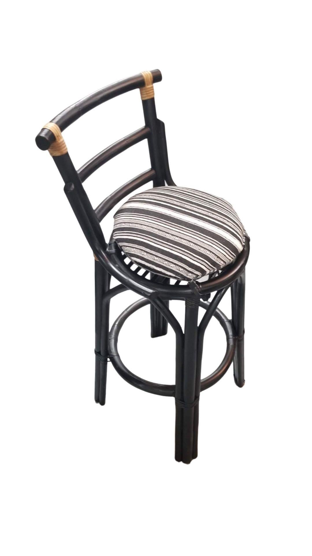Restored Black Rattan Bar Stools Pair in the style of John Wisner In Excellent Condition For Sale In Van Nuys, CA