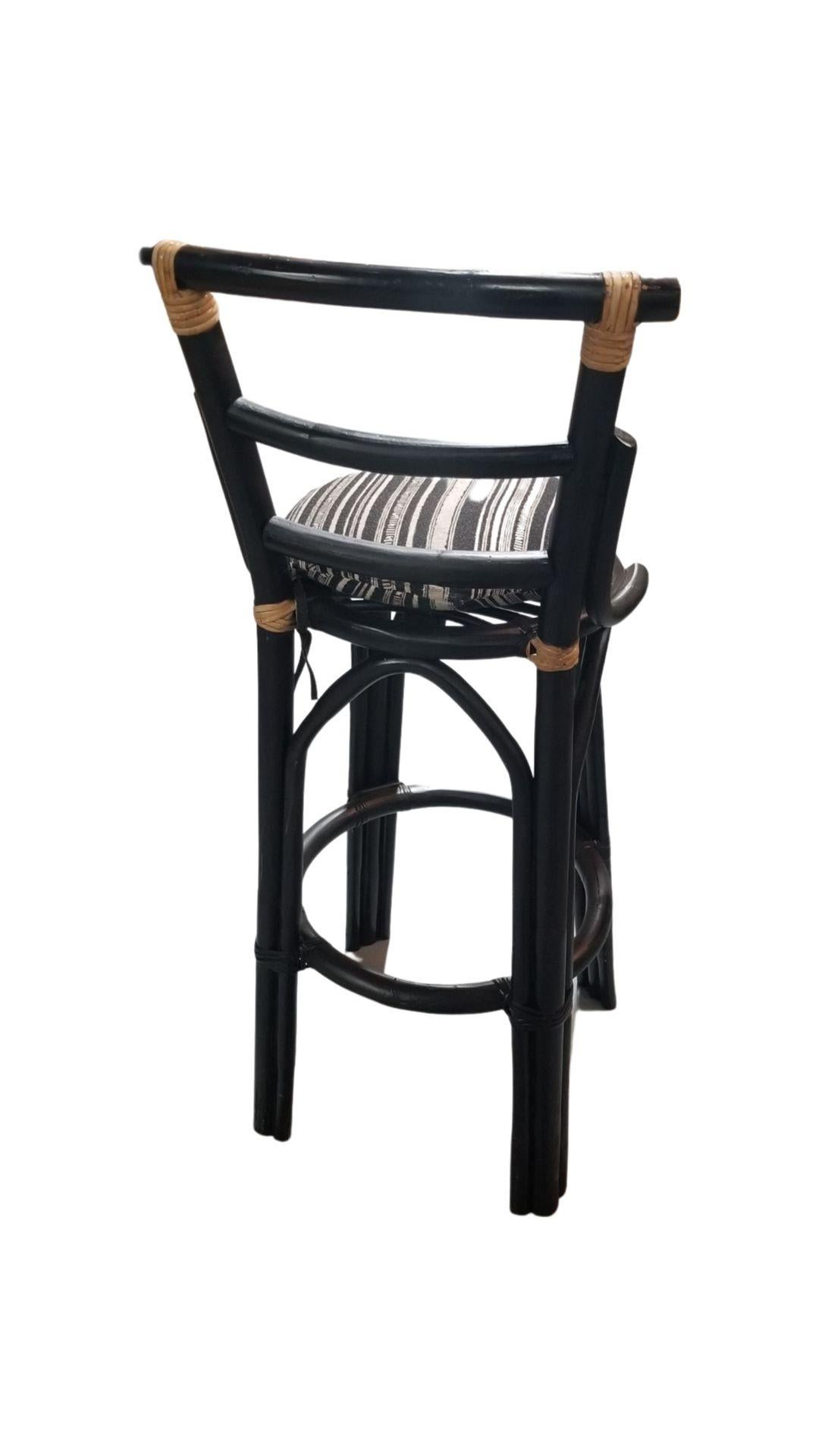 Mid-20th Century Restored Black Rattan Bar Stools Pair in the style of John Wisner For Sale