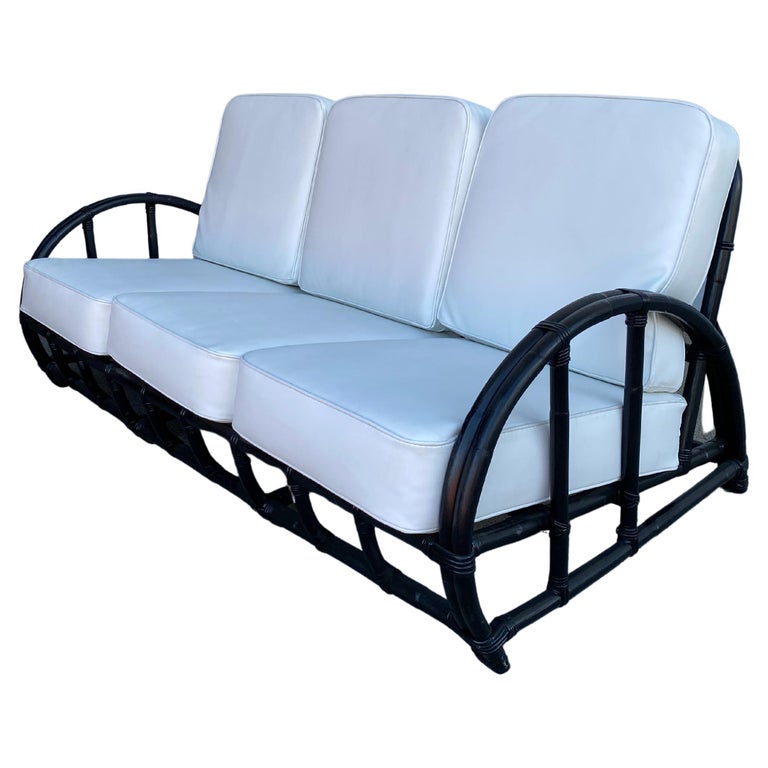Restored Black TwoStrand "Half Moon" Rattan 3Seat Sofa For Sale at