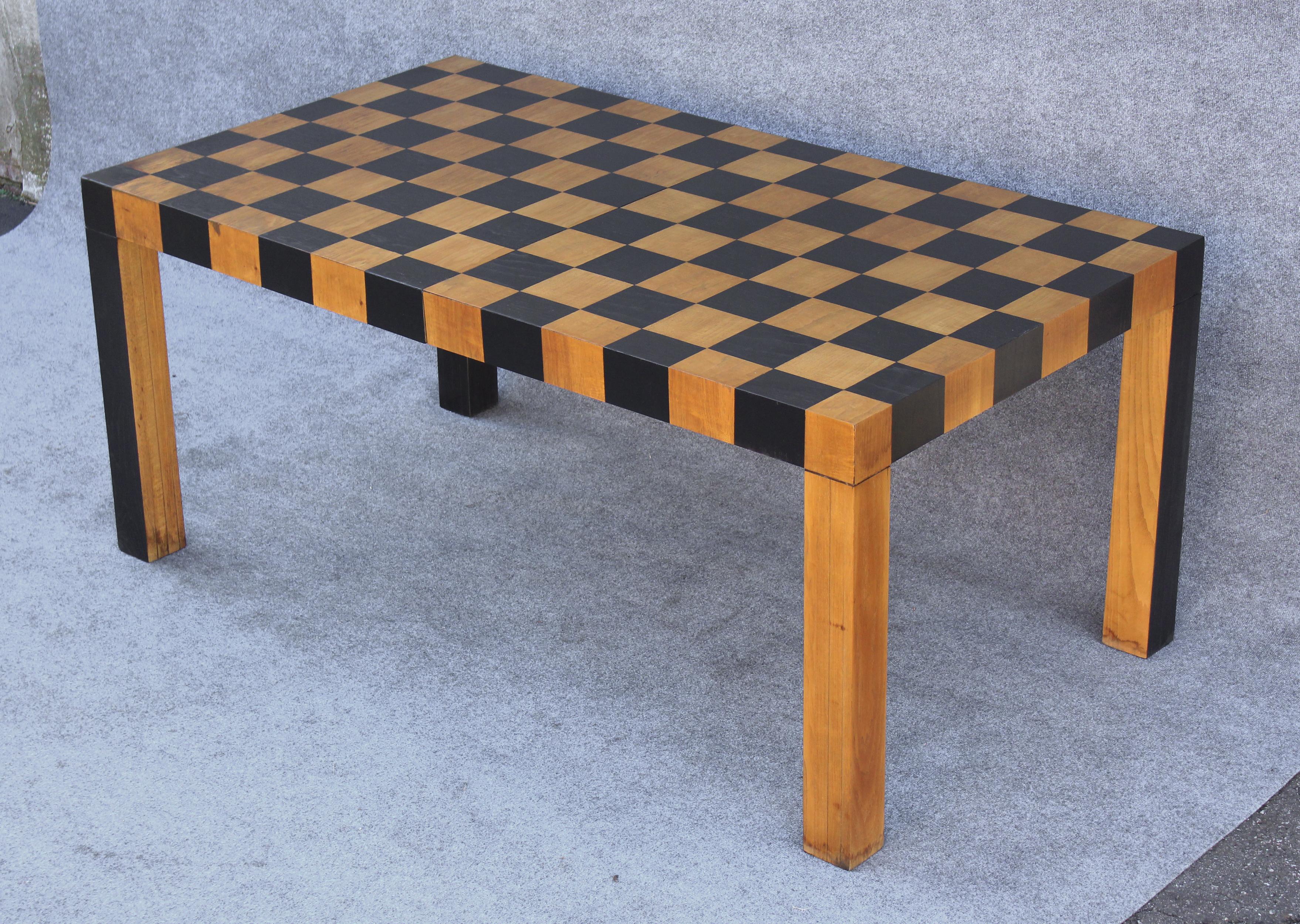 American Restored Checkerboard Patchwork Rectangular Table after Milo Baughman with Leaf For Sale