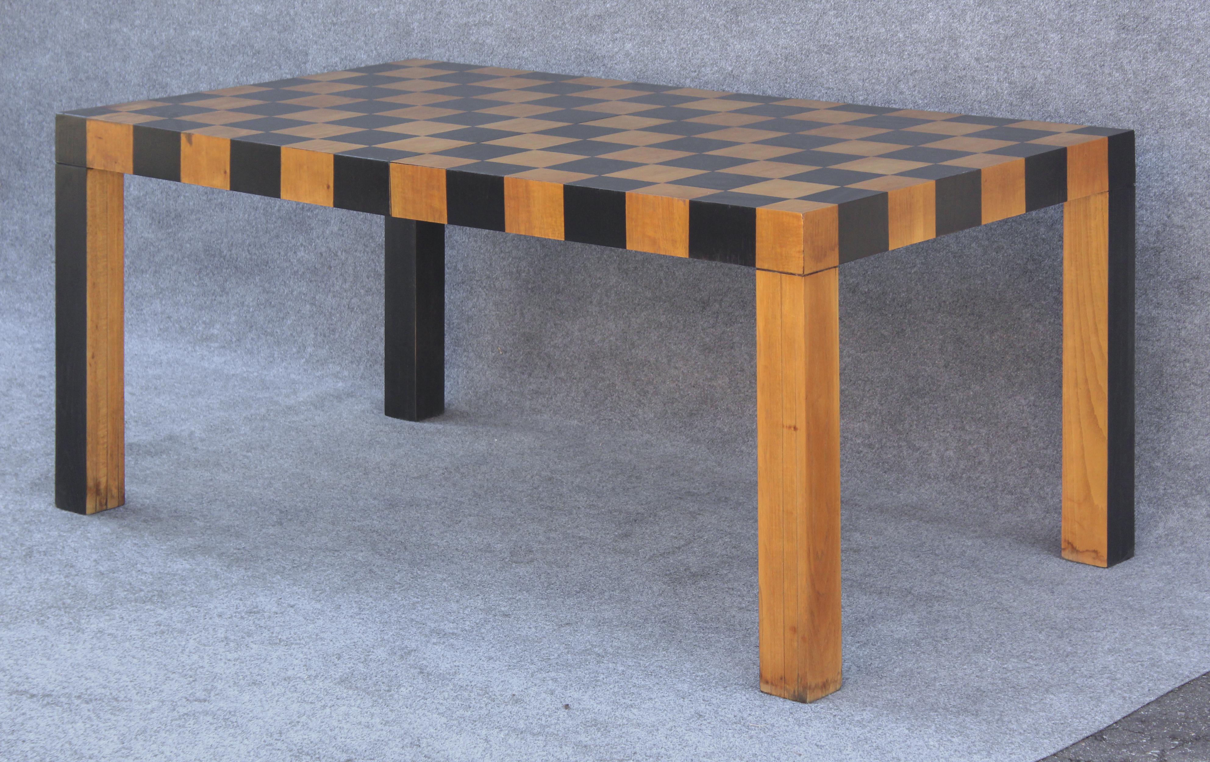 Restored Checkerboard Patchwork Rectangular Table after Milo Baughman with Leaf In Good Condition For Sale In Philadelphia, PA
