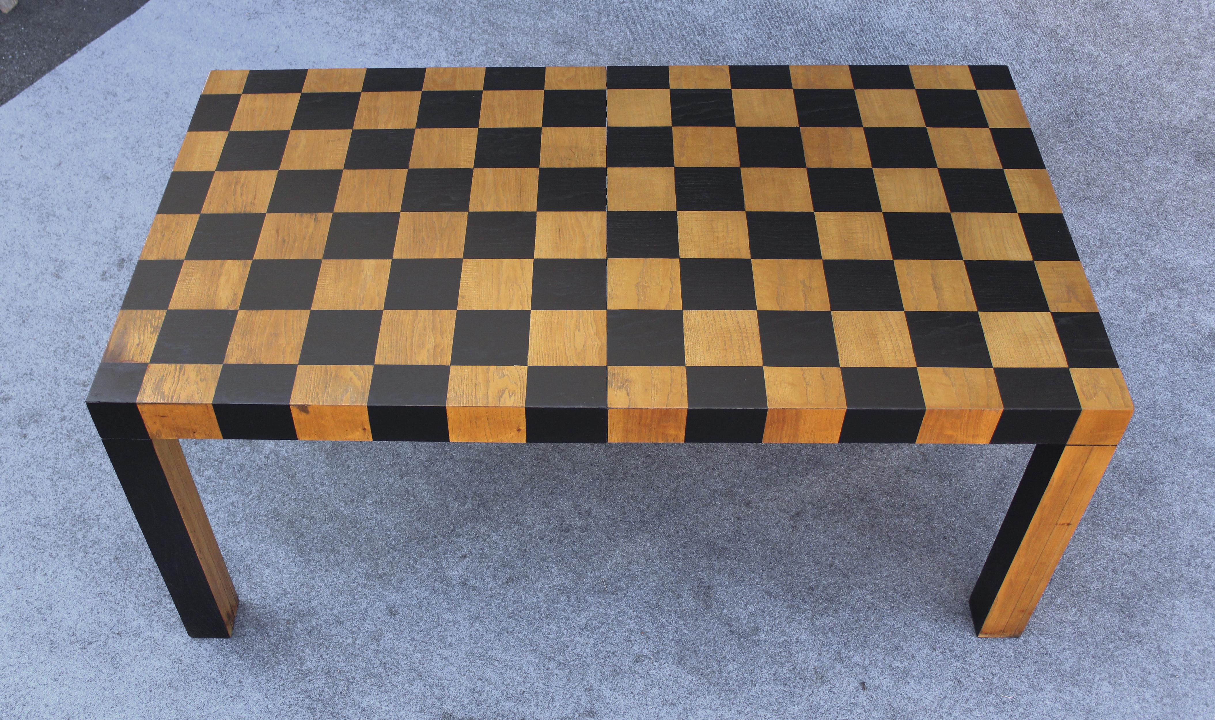 Wood Restored Checkerboard Patchwork Rectangular Table after Milo Baughman with Leaf For Sale