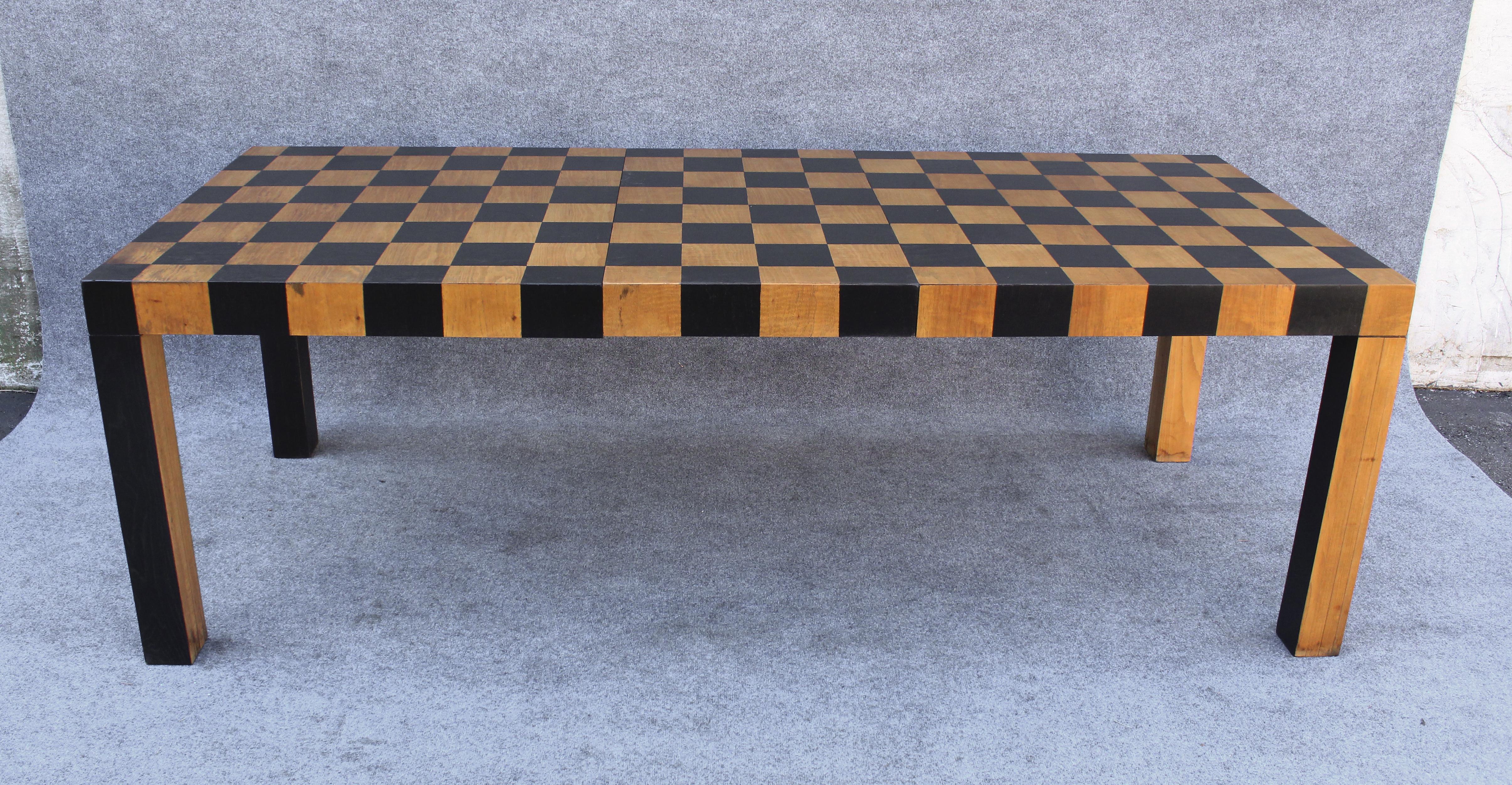 Restored Checkerboard Patchwork Rectangular Table after Milo Baughman with Leaf For Sale 1