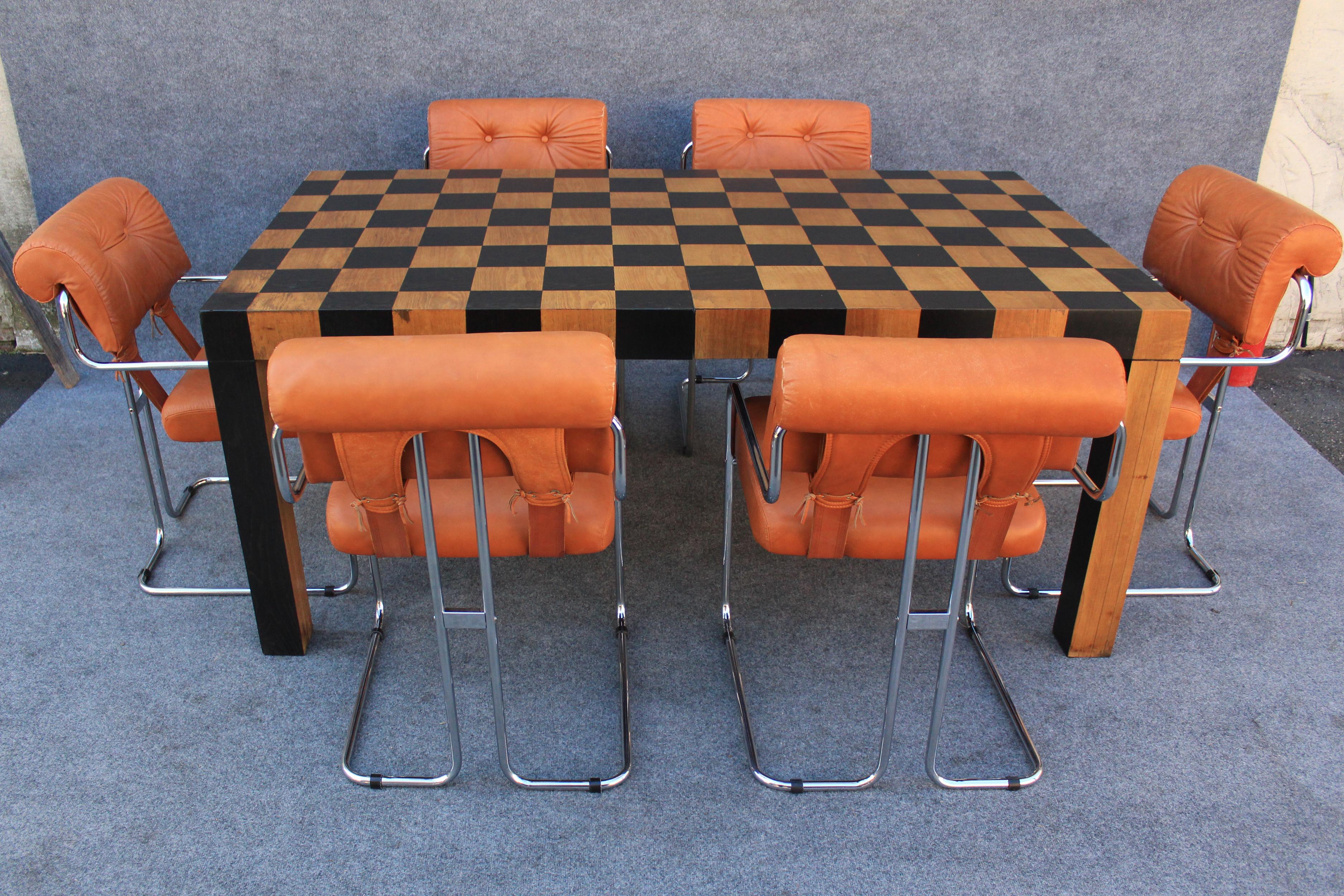 Restaurierter rechteckiger Patchwork-Tisch mit Schachbrettmuster nach Milo Baughman mit Blatt im Angebot 2