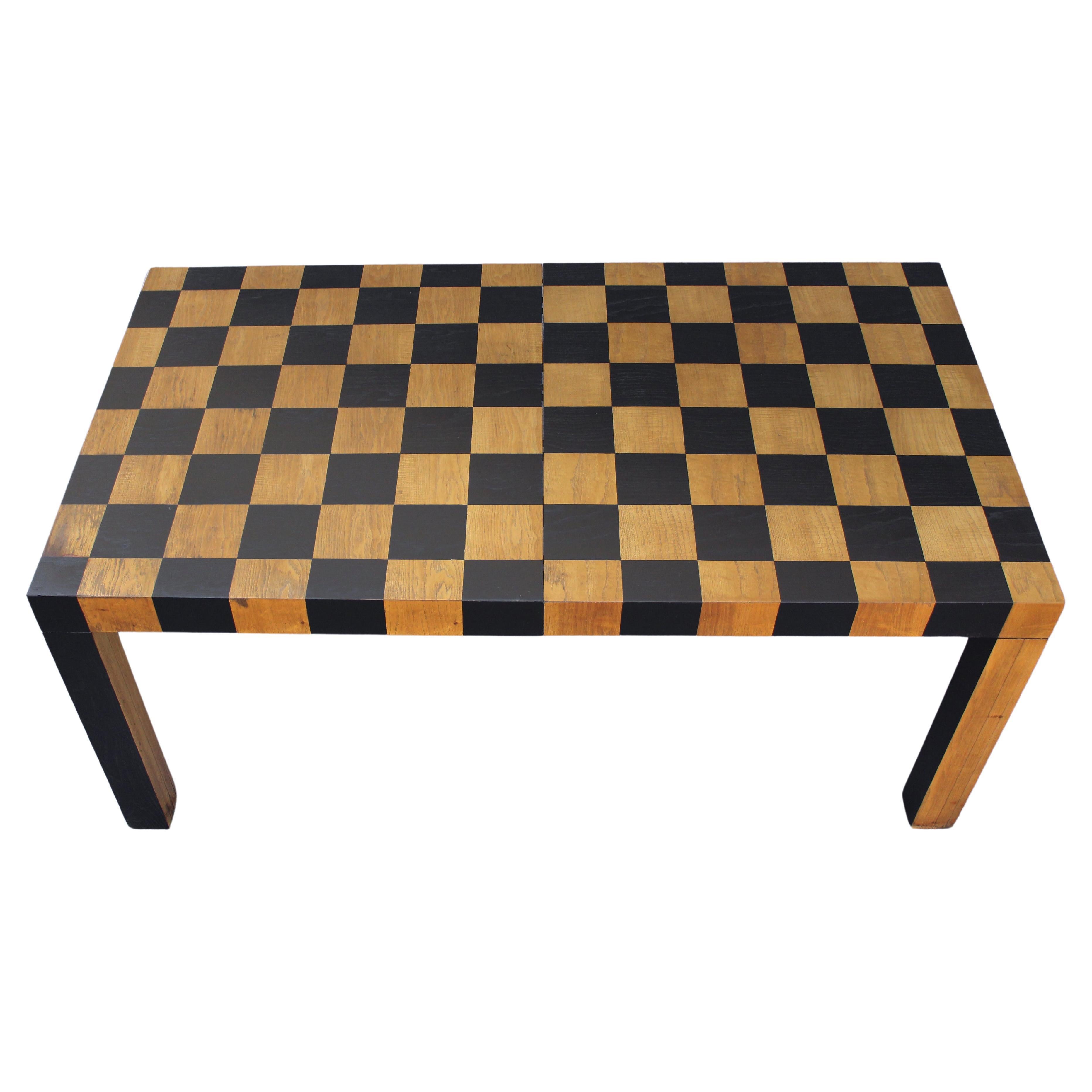 Restored Checkerboard Patchwork Rectangular Table after Milo Baughman with Leaf For Sale