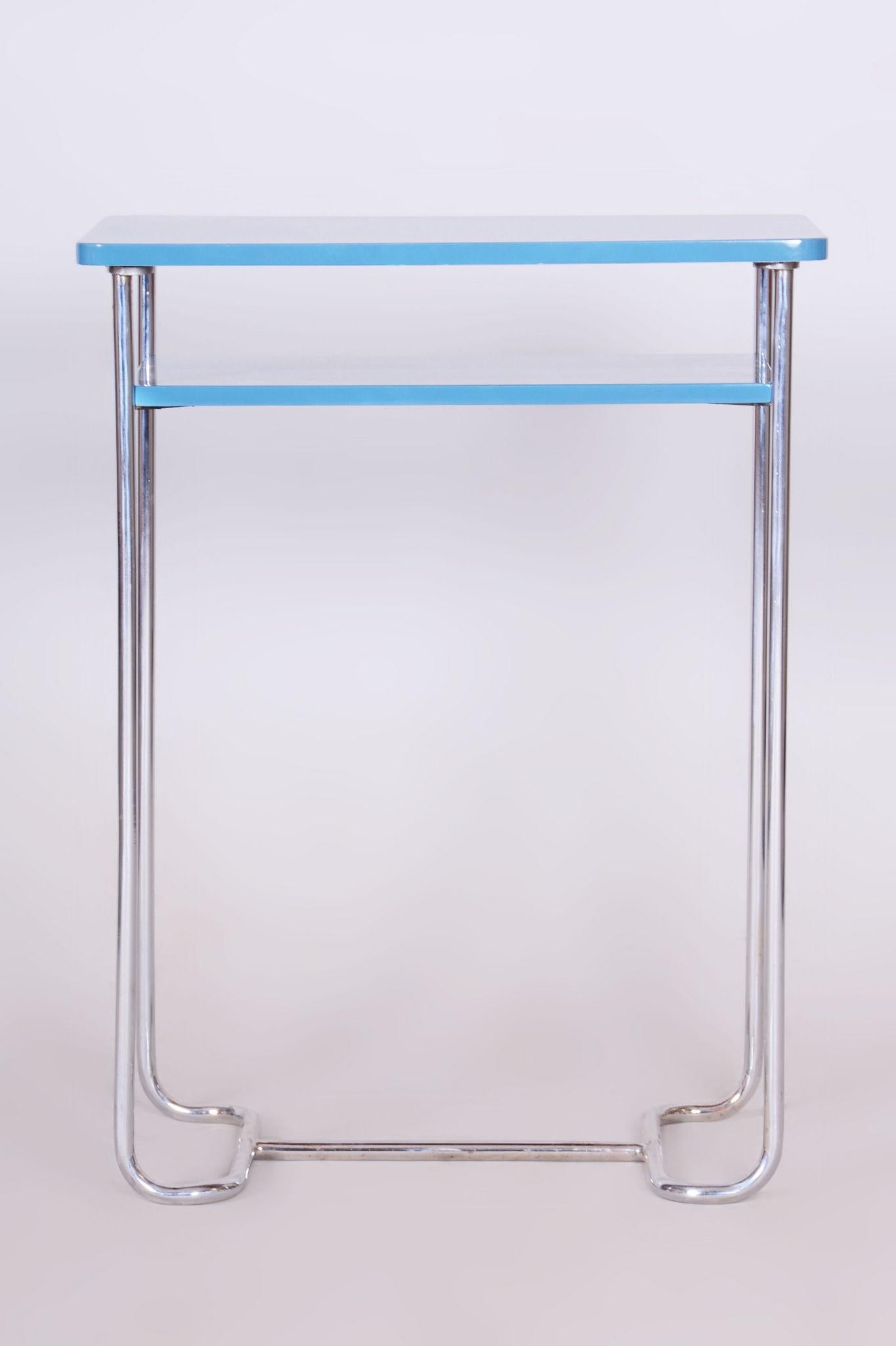 Bauhaus Restored Blue Side Table, by Mücke-Melder, Chrome-Plated Steel, Czech, 1930s For Sale