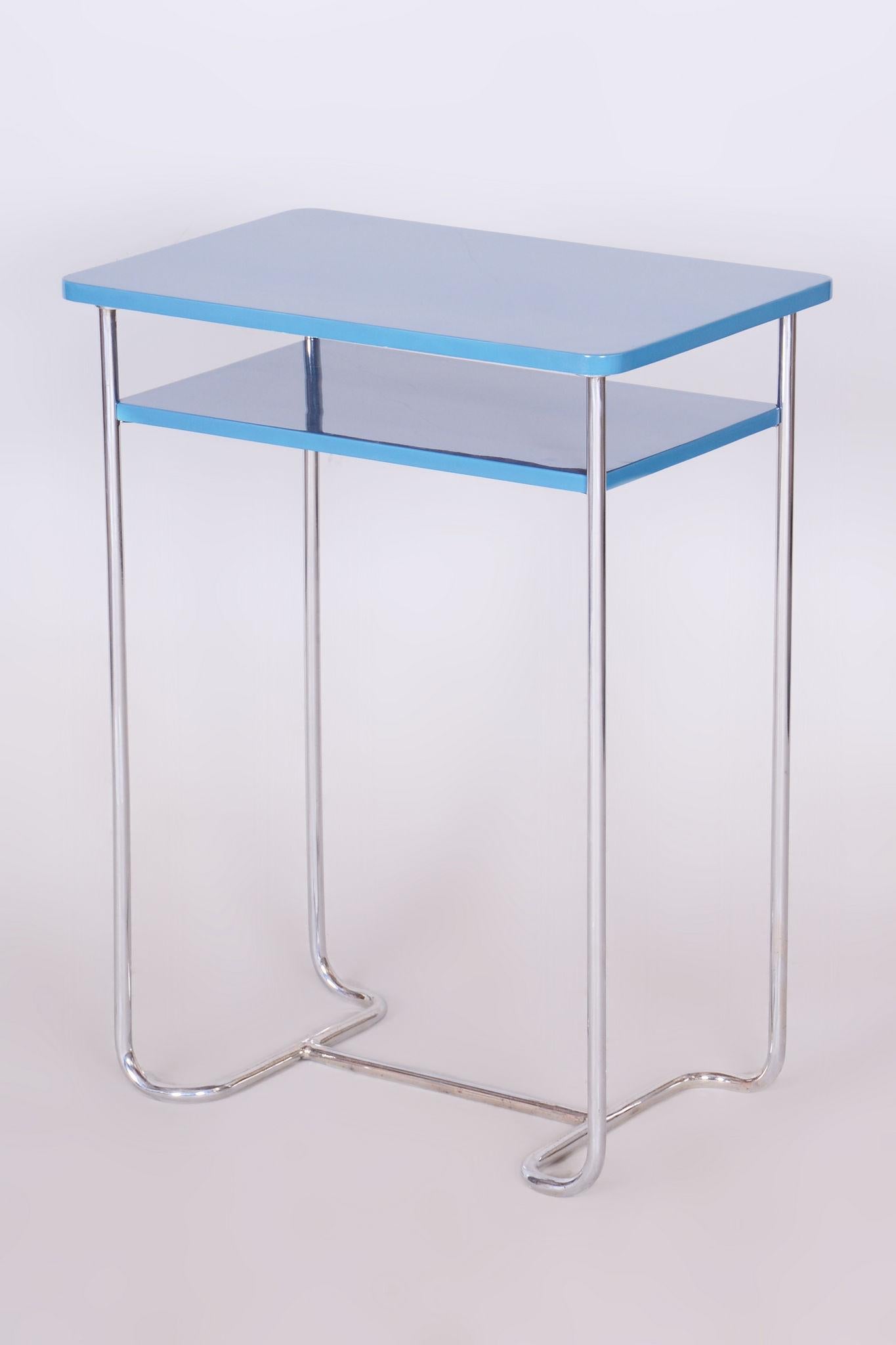 Mid-20th Century Restored Blue Side Table, by Mücke-Melder, Chrome-Plated Steel, Czech, 1930s For Sale