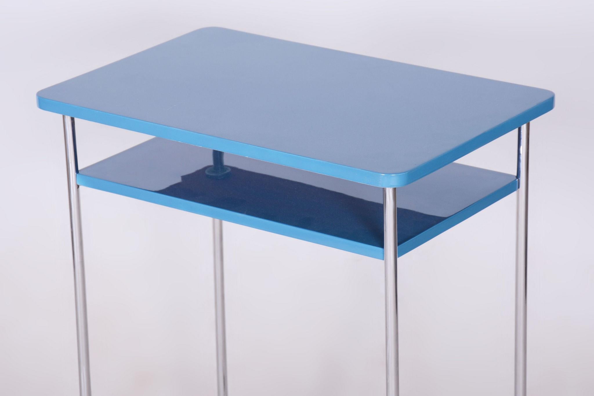 Restored Blue Side Table, by Mücke-Melder, Chrome-Plated Steel, Czech, 1930s For Sale 2