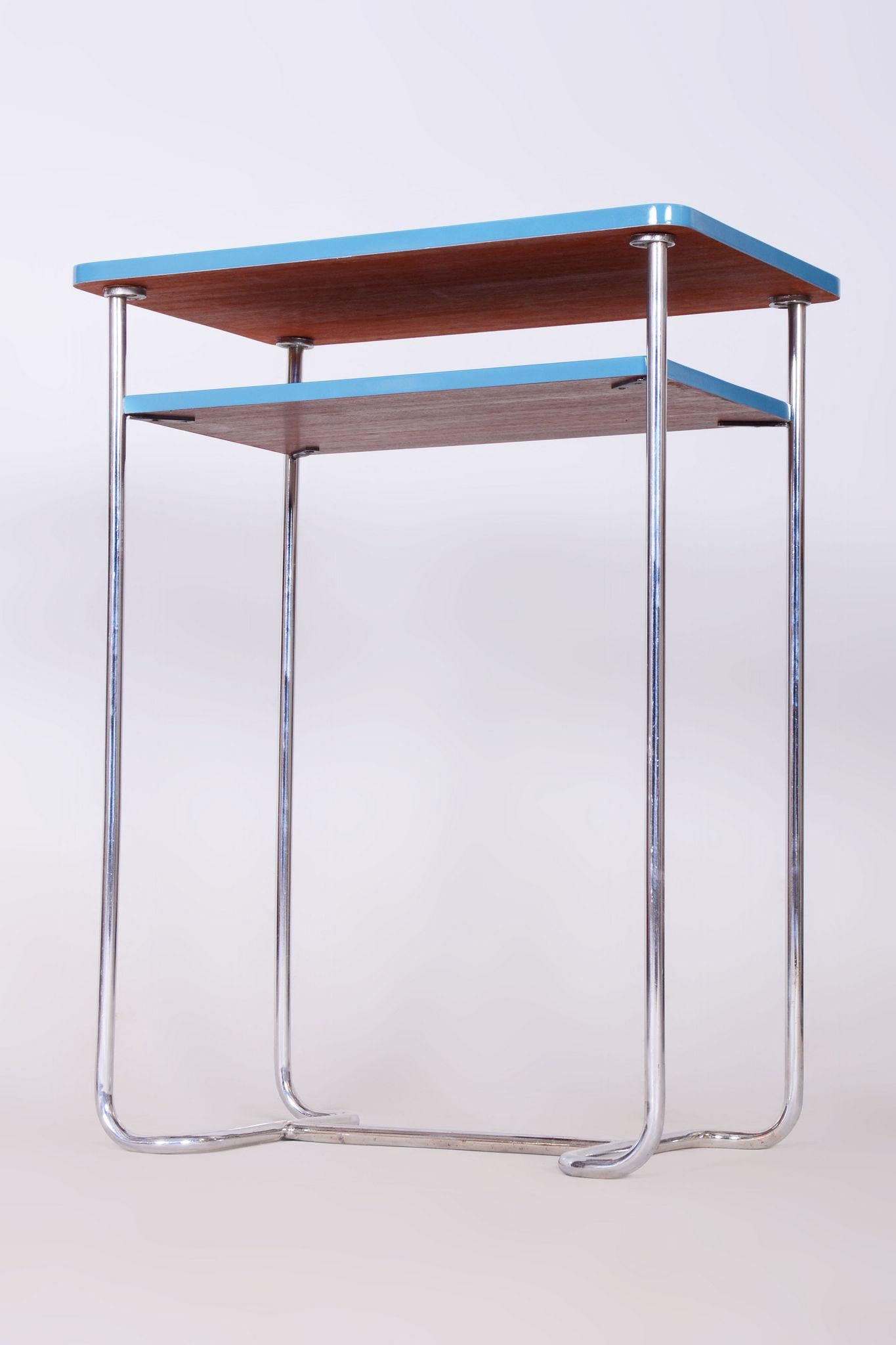 Restored Blue Side Table, by Mücke-Melder, Chrome-Plated Steel, Czech, 1930s For Sale 3