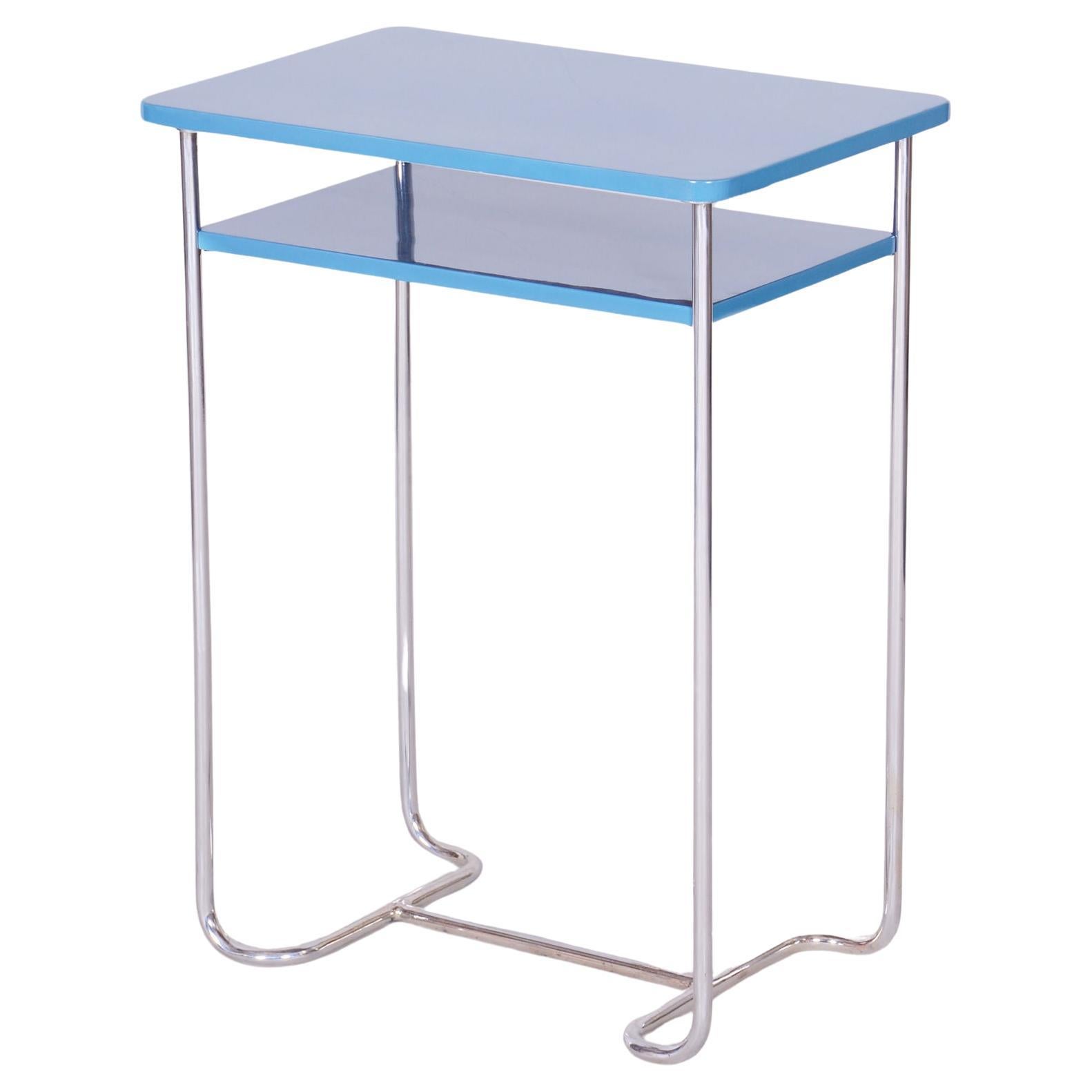 Restored Blue Side Table, by Mücke-Melder, Chrome-Plated Steel, Czech, 1930s