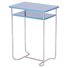 Vintage Restored Blue Side Table, by Mücke-Melder, Chrome-Plated Steel, Czech, 1930s