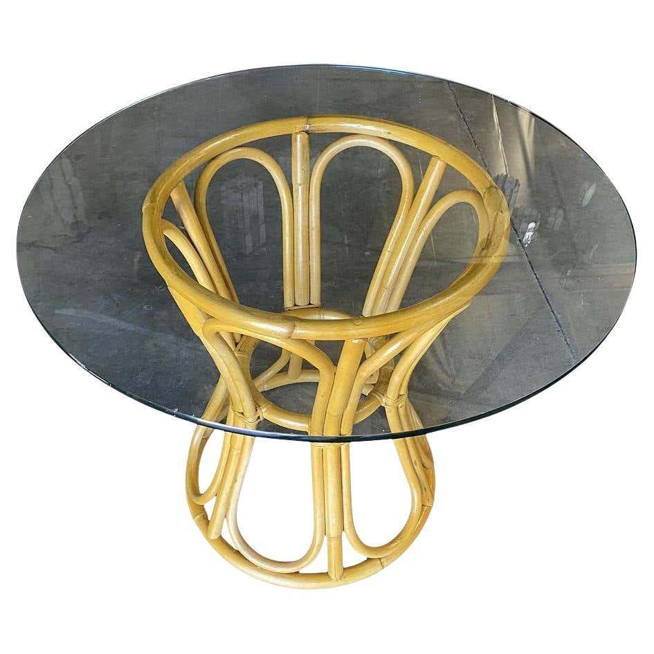 Circular Plastic Rattan Table 1980s Boho Chic Rattan and Woven Wicker Circular Glass Top Dining Table ...