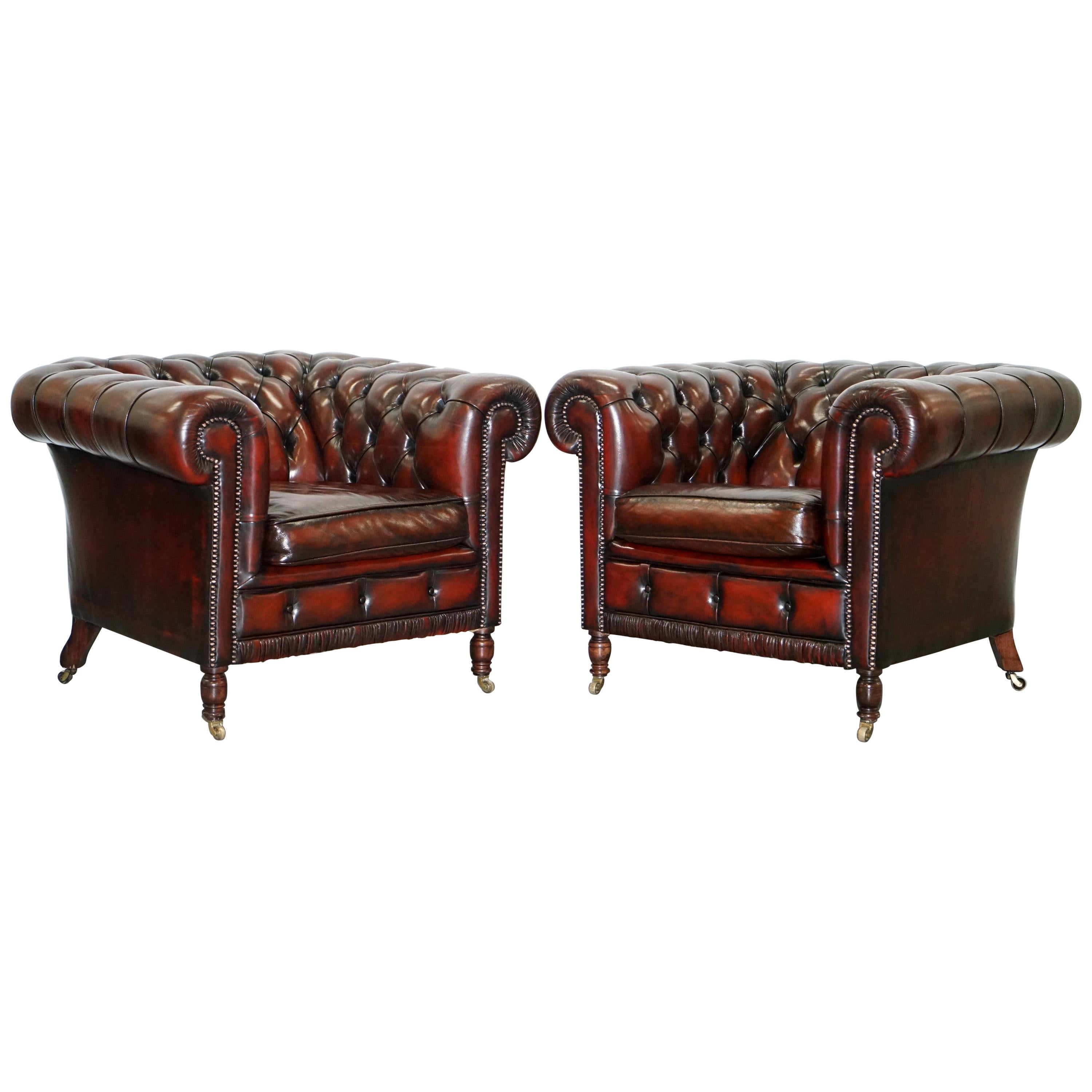 We are delighted to offer for sale this stunning very rare handmade in England fully restored Bordeaux leather Gentleman's club suite with hand turned legs finished with castors 

Where to begin! This suite is absolute eye candy from every angle,