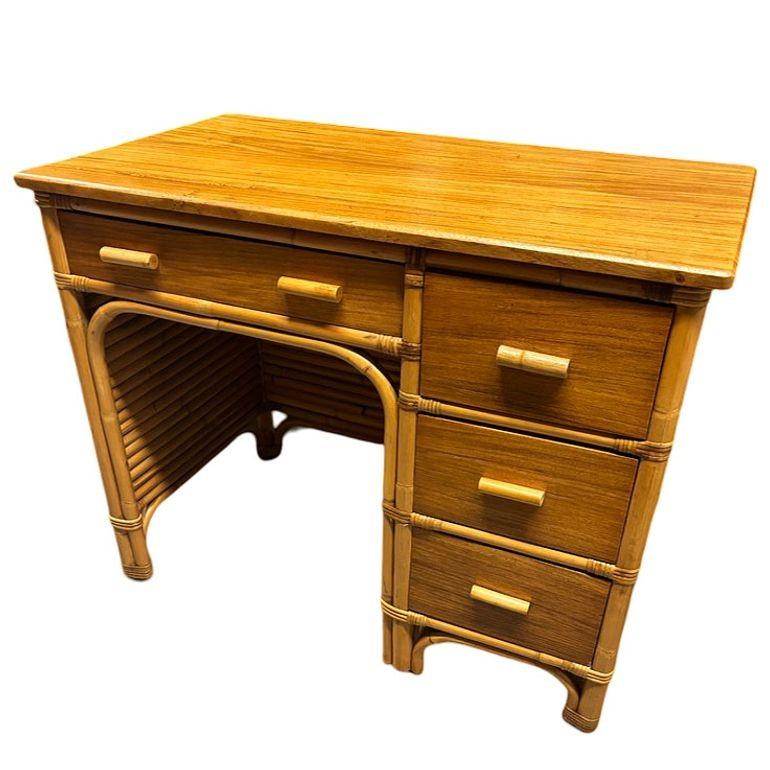 Mid-Century Modern Restored Boutique Rattan & Mahogany Writing Desk w/ Stacked Rattan Sides For Sale