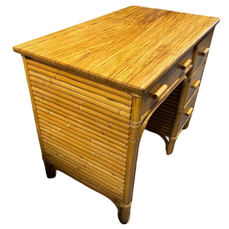 American Restored Boutique Rattan & Mahogany Writing Desk w/ Stacked Rattan Sides For Sale