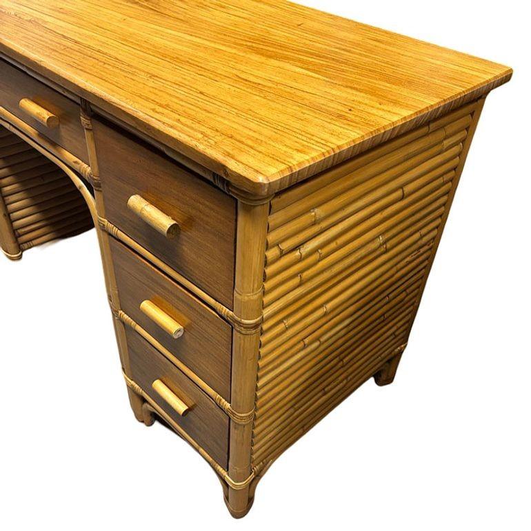 Restored Boutique Rattan & Mahogany Writing Desk w/ Stacked Rattan Sides For Sale 1