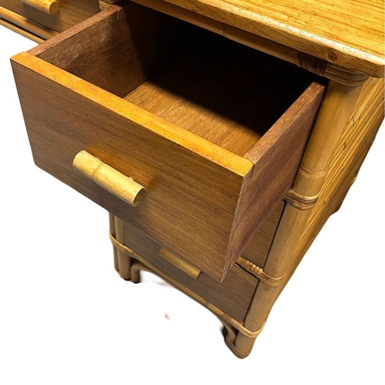 Restored Boutique Rattan & Mahogany Writing Desk w/ Stacked Rattan Sides For Sale 2