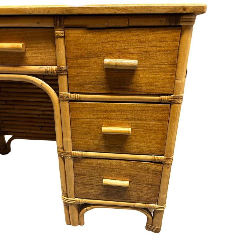 Restored Boutique Rattan & Mahogany Writing Desk w/ Stacked Rattan Sides For Sale 3