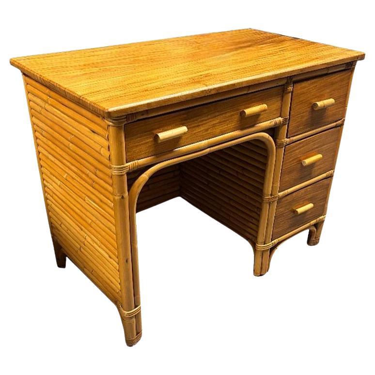 Restored Boutique Rattan & Mahogany Writing Desk w/ Stacked Rattan Sides For Sale