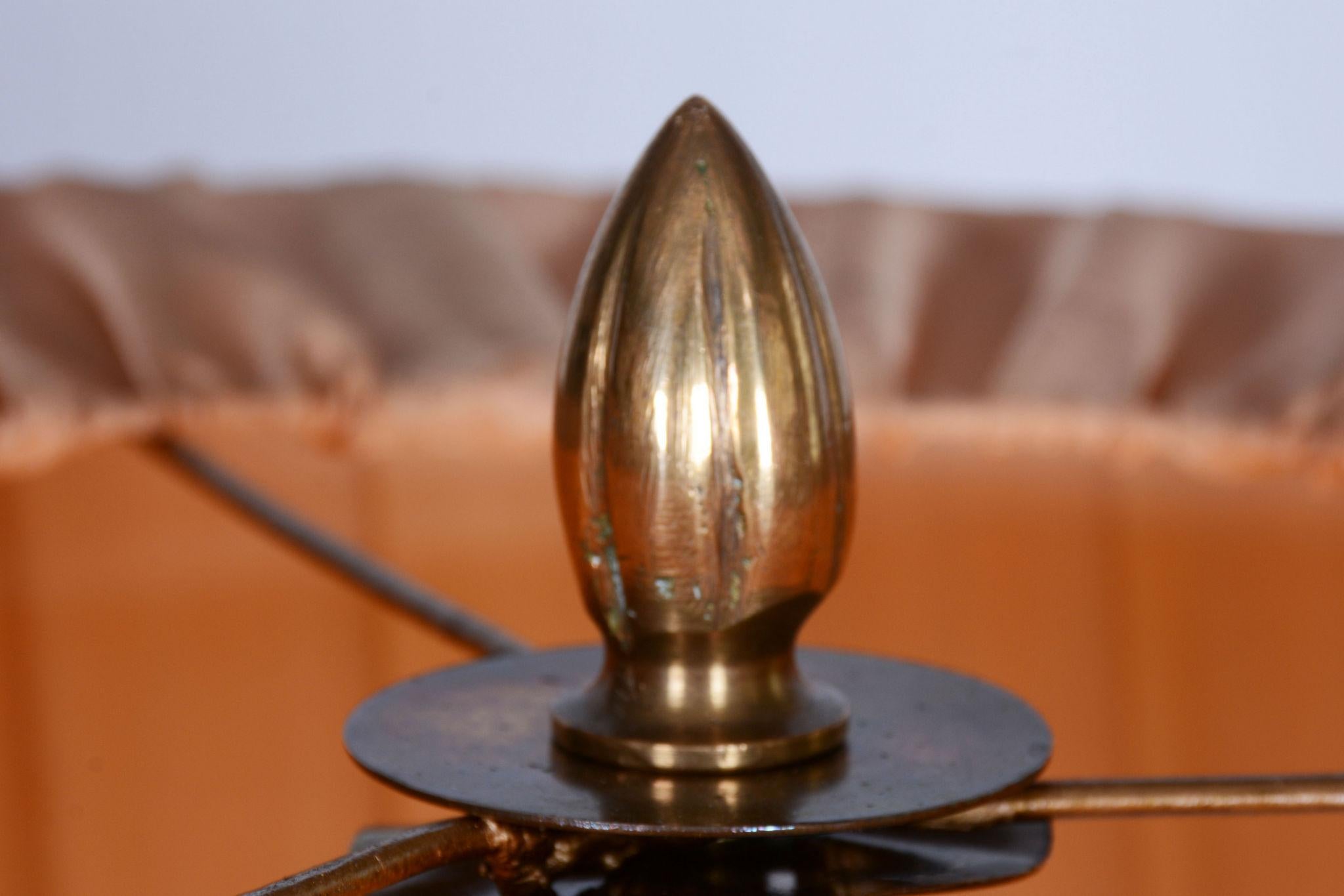 Restored Brass Art Deco Floor Lamp, France, Original Textile Shade, 1920s For Sale 4