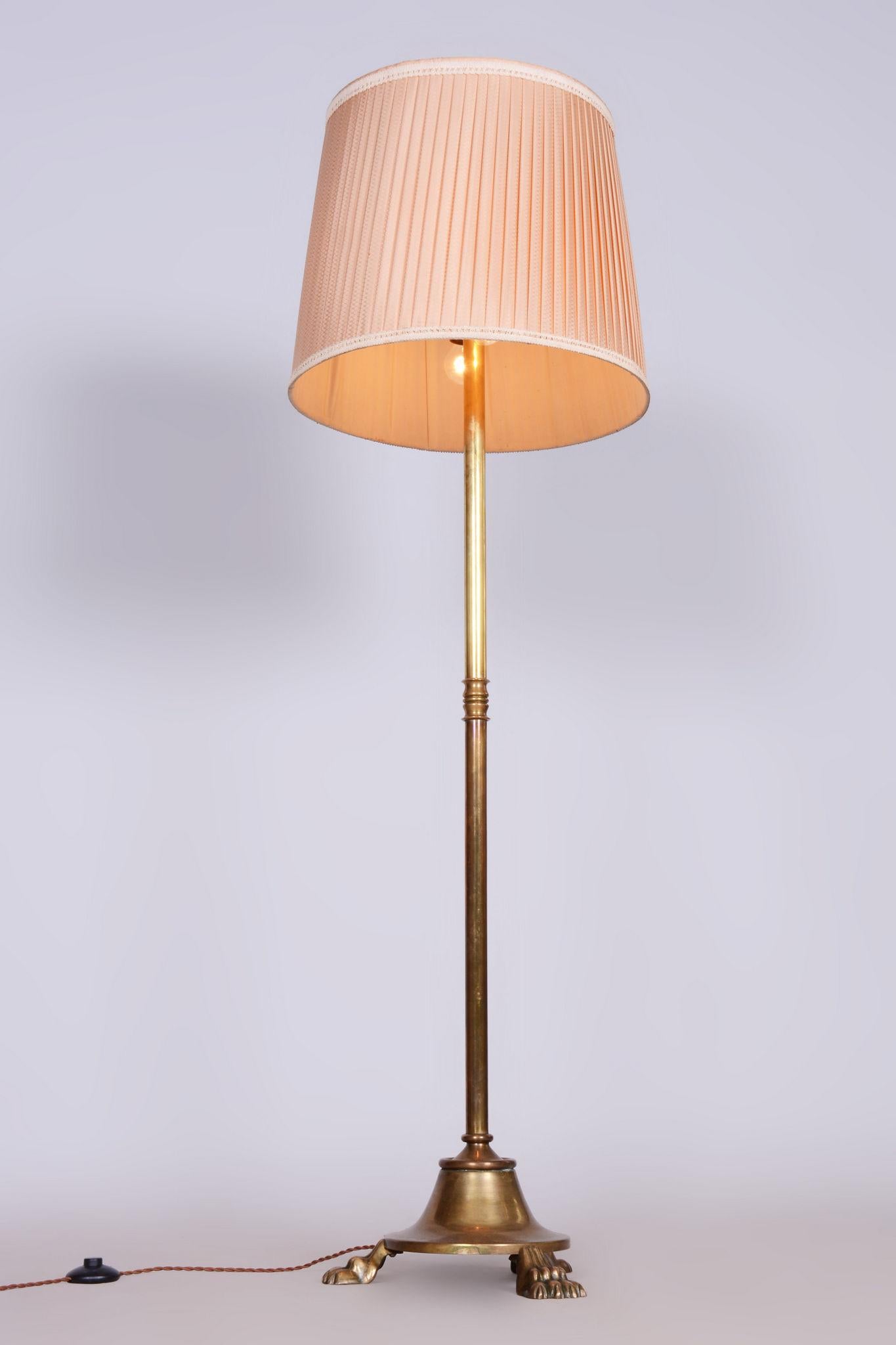 Restored Brass Art Deco Floor Lamp, France, Original Textile Shade, 1920s For Sale 1