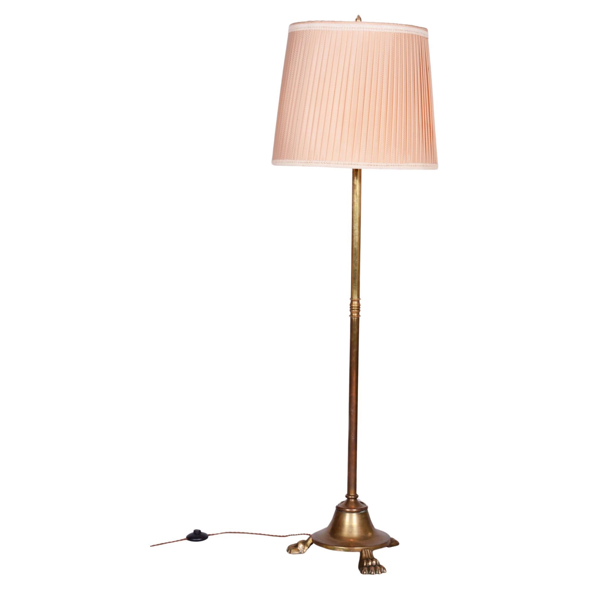 Restored Brass Art Deco Floor Lamp, France, Original Textile Shade, 1920s For Sale
