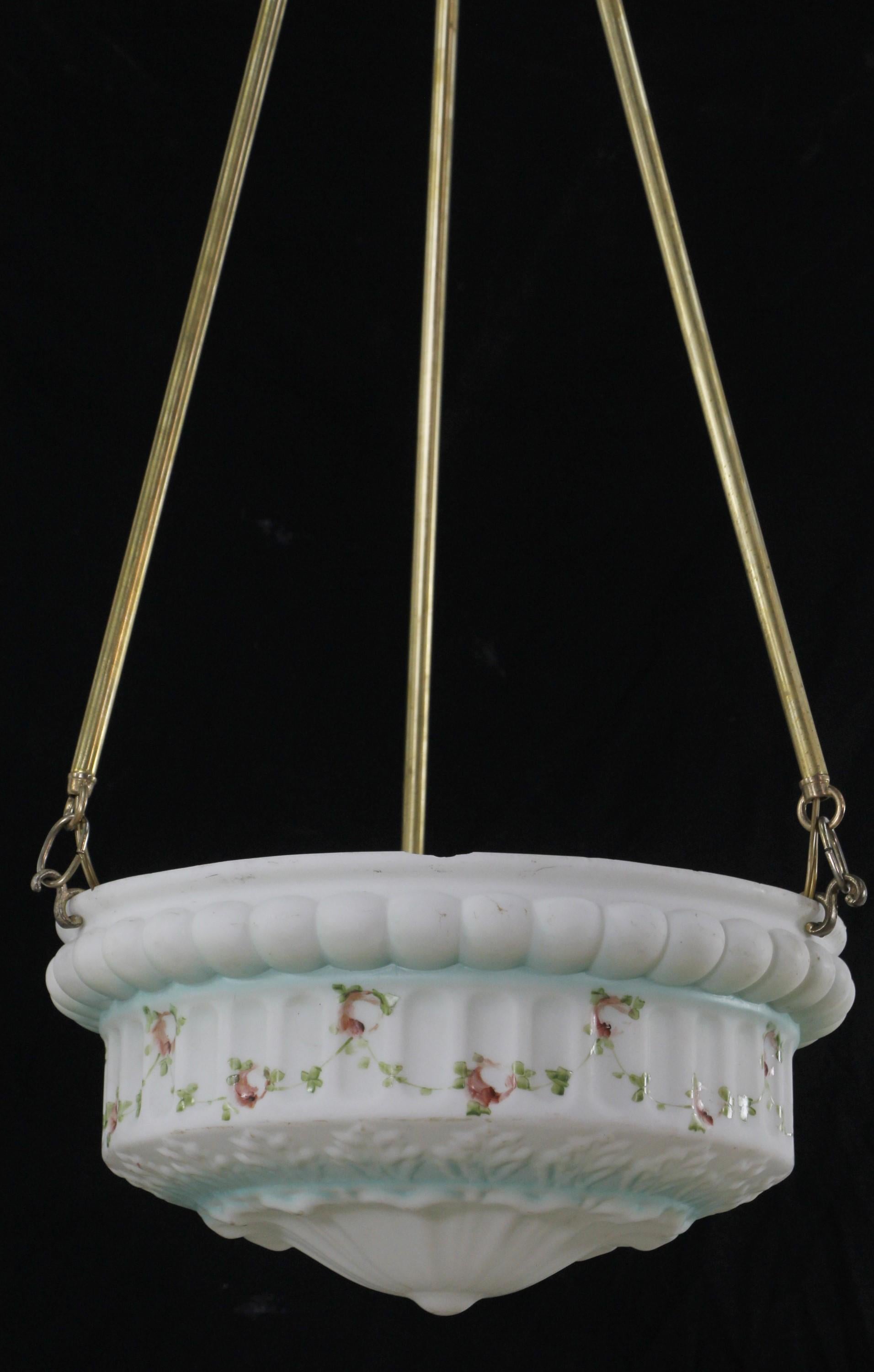 American Restored Brass Pole Floral Cast Glass Pendant Light For Sale