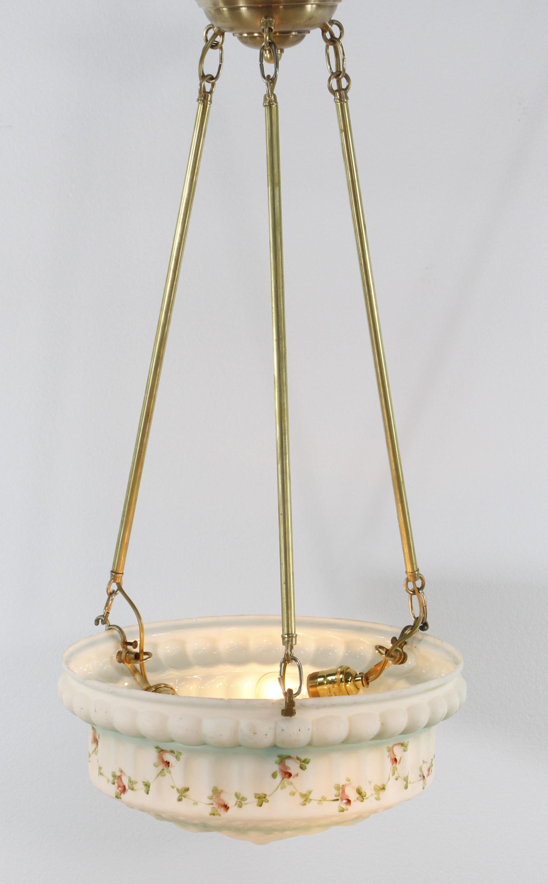 Restored Brass Pole Floral Cast Glass Pendant Light For Sale 2