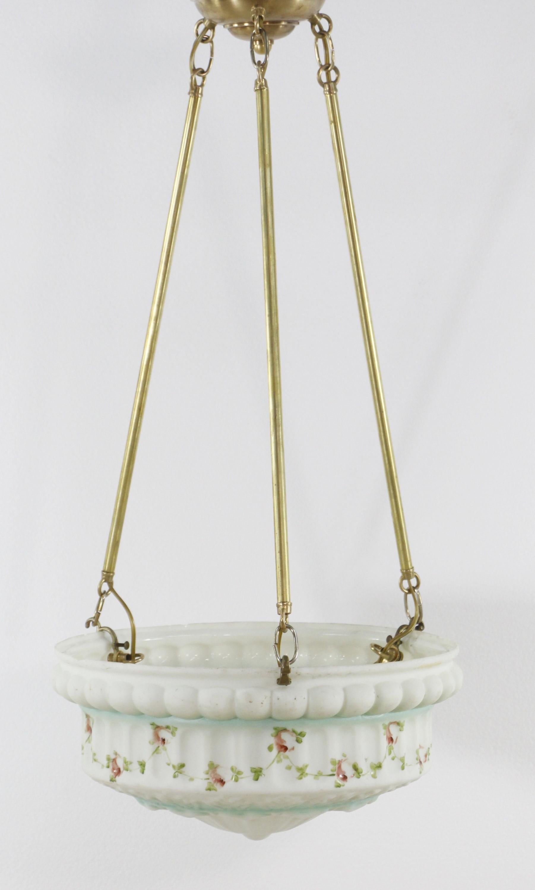 Restored Brass Pole Floral Cast Glass Pendant Light For Sale 3