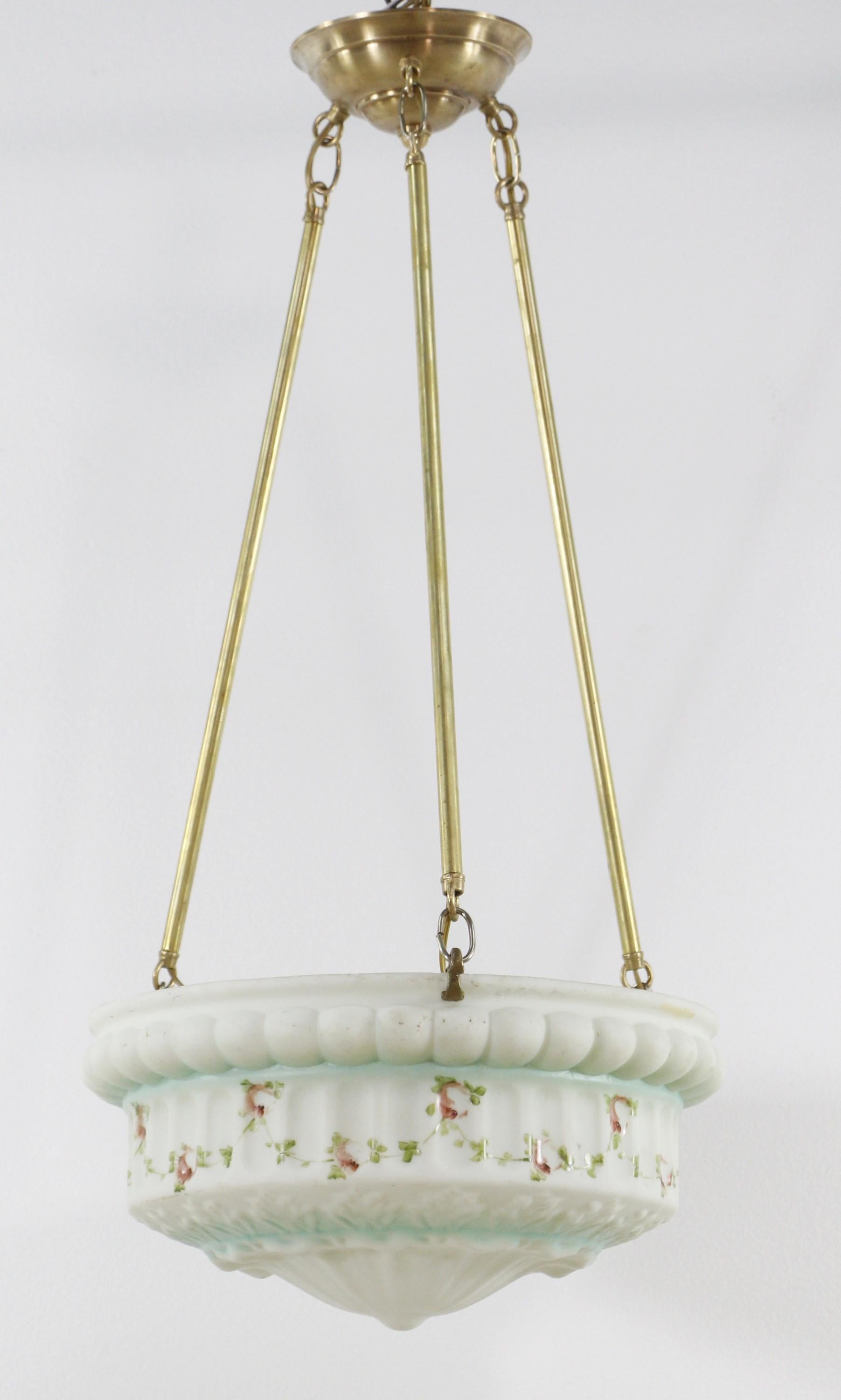 Restored Brass Pole Floral Cast Glass Pendant Light For Sale 4