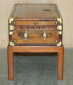 RESTORED BRITISH ARMY BROWN LEATHER TRUNK COFFEE TABLE HONI SOIT QUI MAL Y PENSe