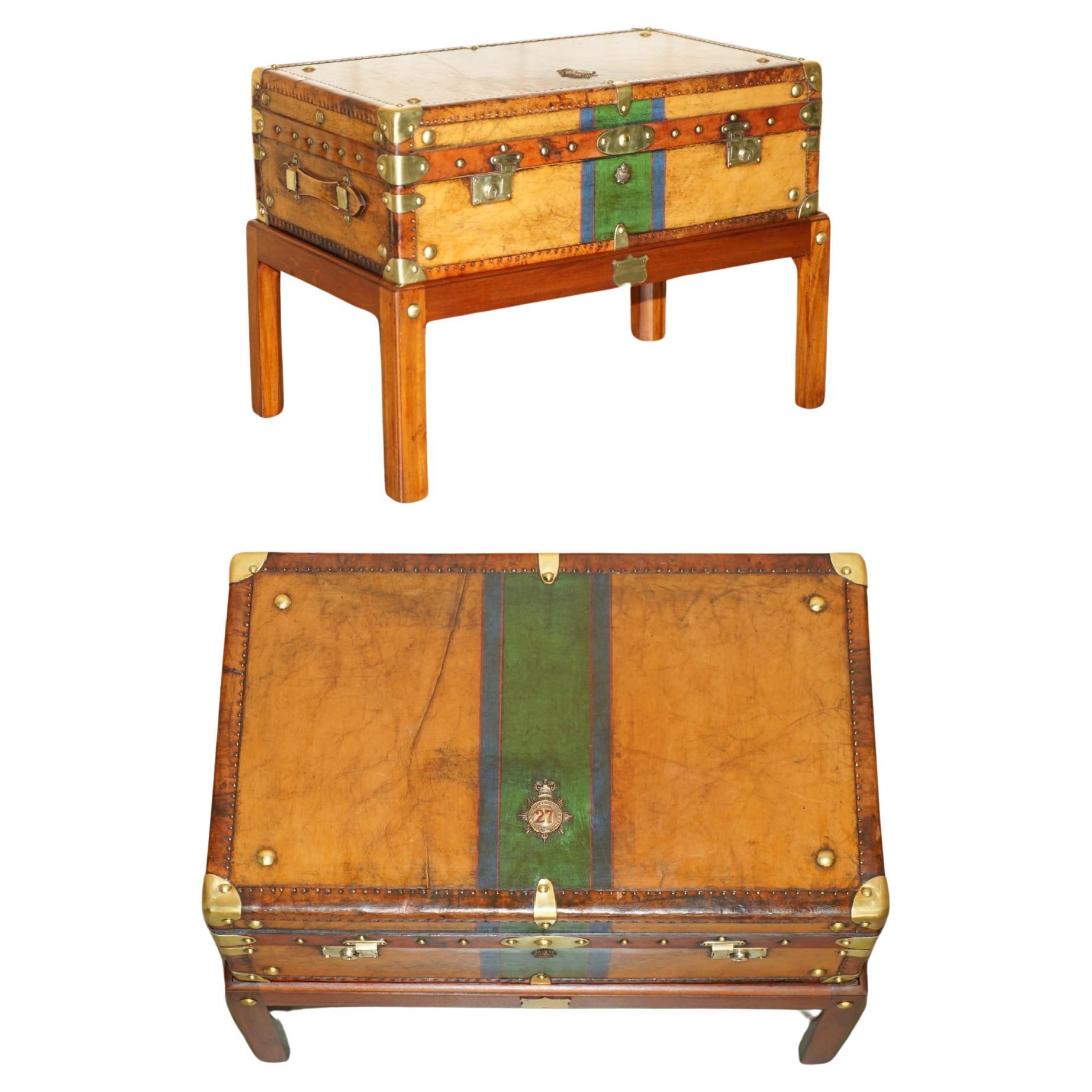 RESTORED BRITISH ARMY BROWN LEATHER TRUNK COFFEE TABLE HONI SOIT QUI MAL Y PENSe For Sale