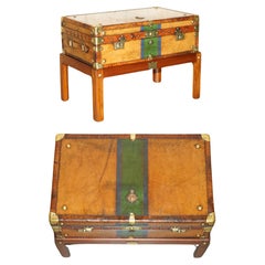 Vintage RESTORED BRITISH ARMY BROWN LEATHER TRUNK COFFEE TABLE HONI SOIT QUI MAL Y PENSe