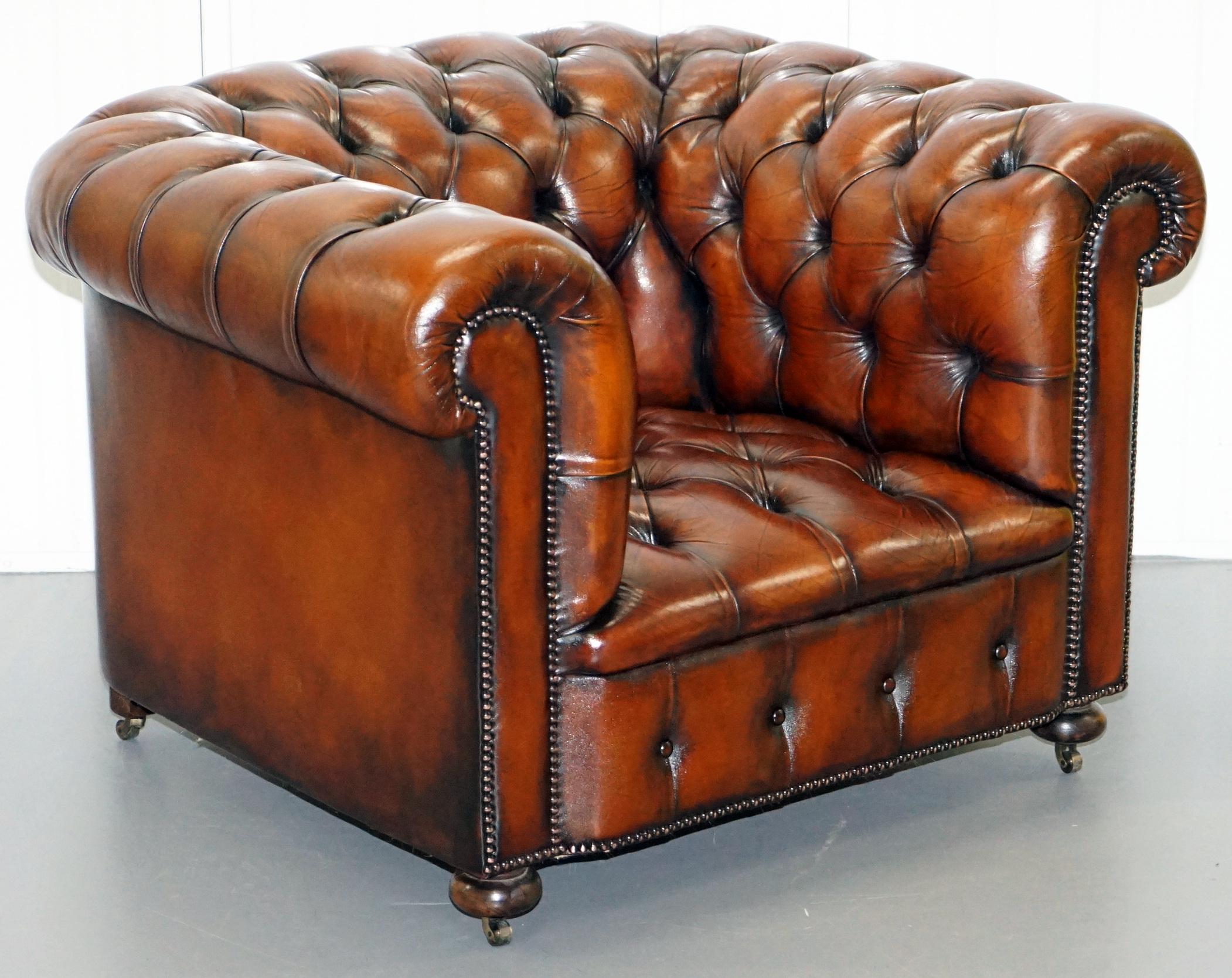 Restored Brown Leather Chesterfield Library Club Wingback Armchair & Sofa Suite 3