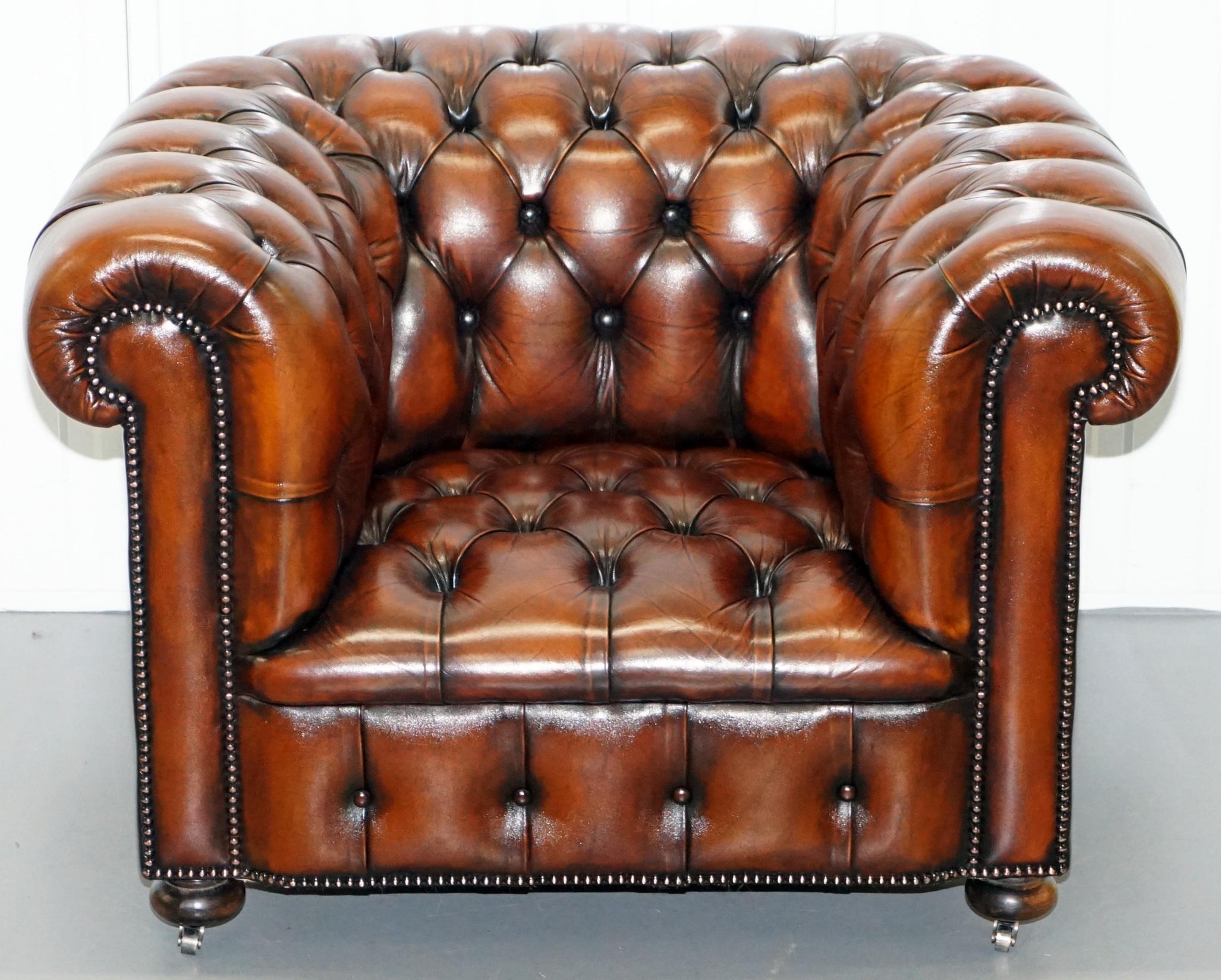 Restored Brown Leather Chesterfield Library Club Wingback Armchair & Sofa Suite 4