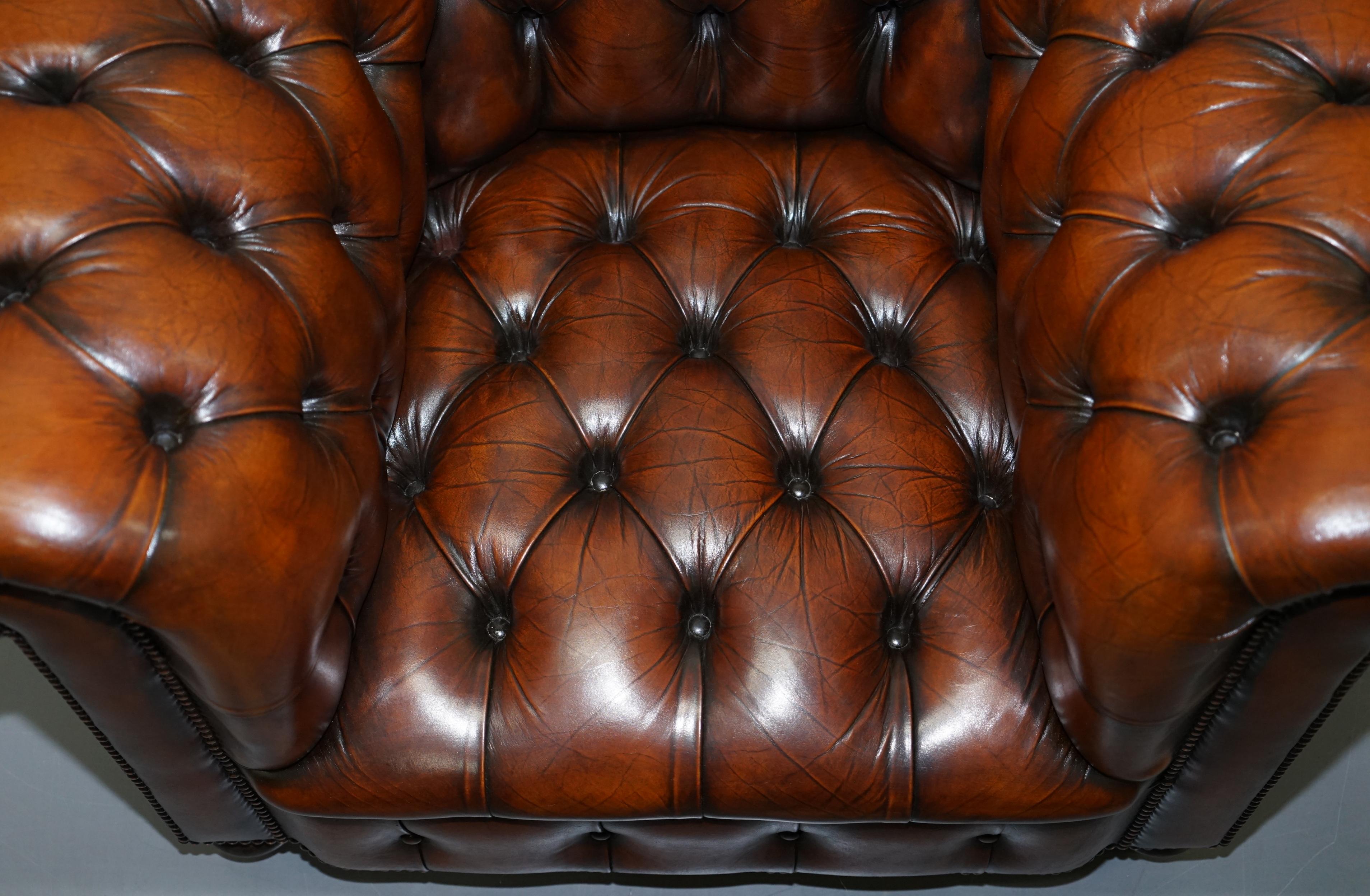 Restored Brown Leather Chesterfield Library Club Wingback Armchair & Sofa Suite 6