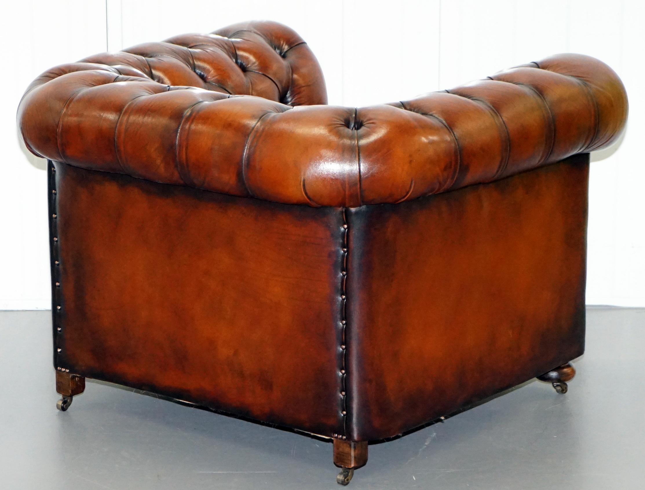 Restored Brown Leather Chesterfield Library Club Wingback Armchair & Sofa Suite 8