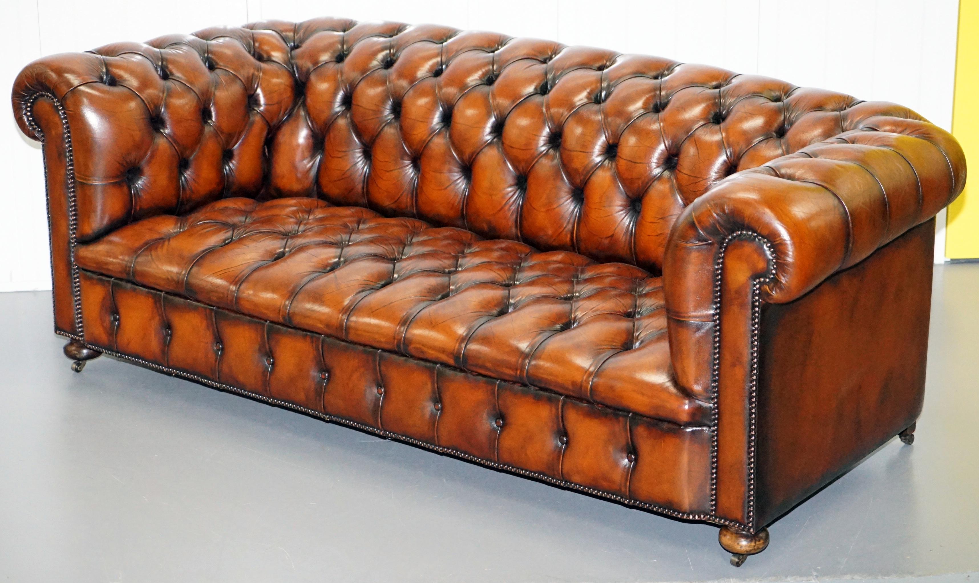 Restored Brown Leather Chesterfield Library Club Wingback Armchair & Sofa Suite 9