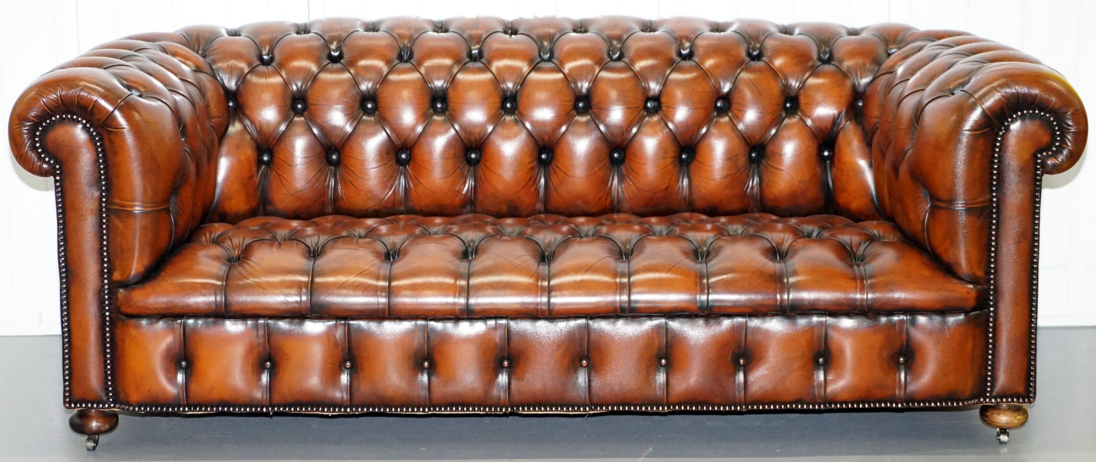 Restored Brown Leather Chesterfield Library Club Wingback Armchair & Sofa Suite 10