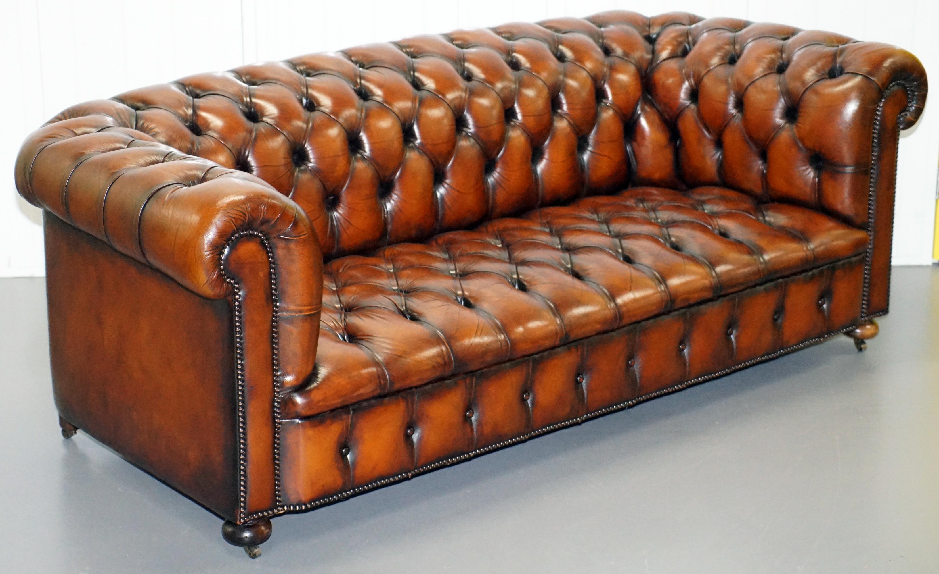 Restored Brown Leather Chesterfield Library Club Wingback Armchair & Sofa Suite 11