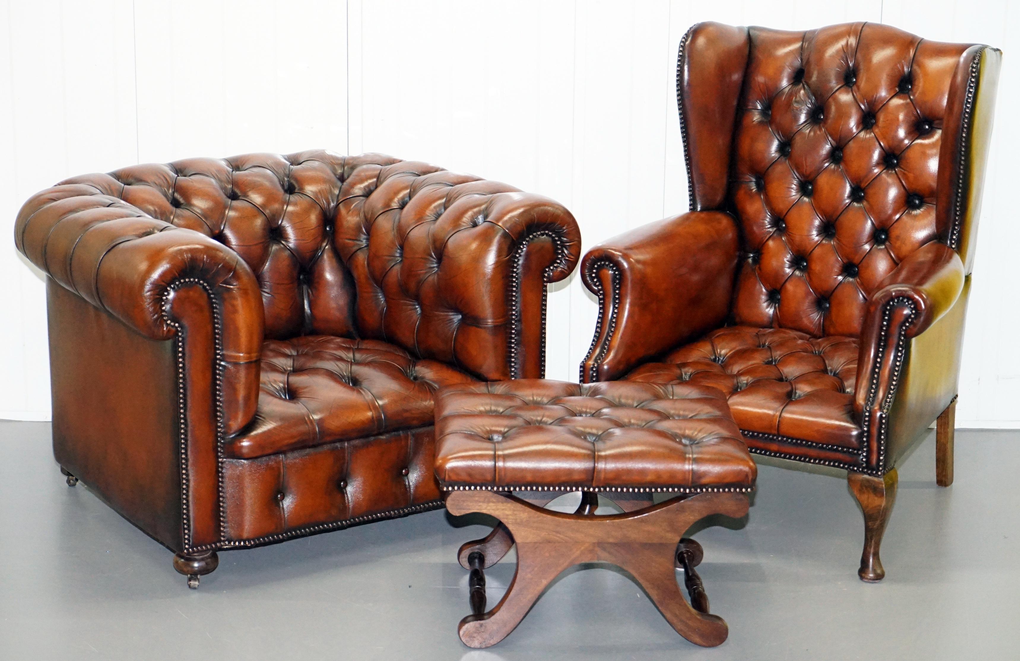 We are delighted to this stunning vintage fully restored Chesterfield cigar brown leather library suite

A very rare find, I never come across original sets of four pieces from this era and especially not the fully buttoned sets. We have fully