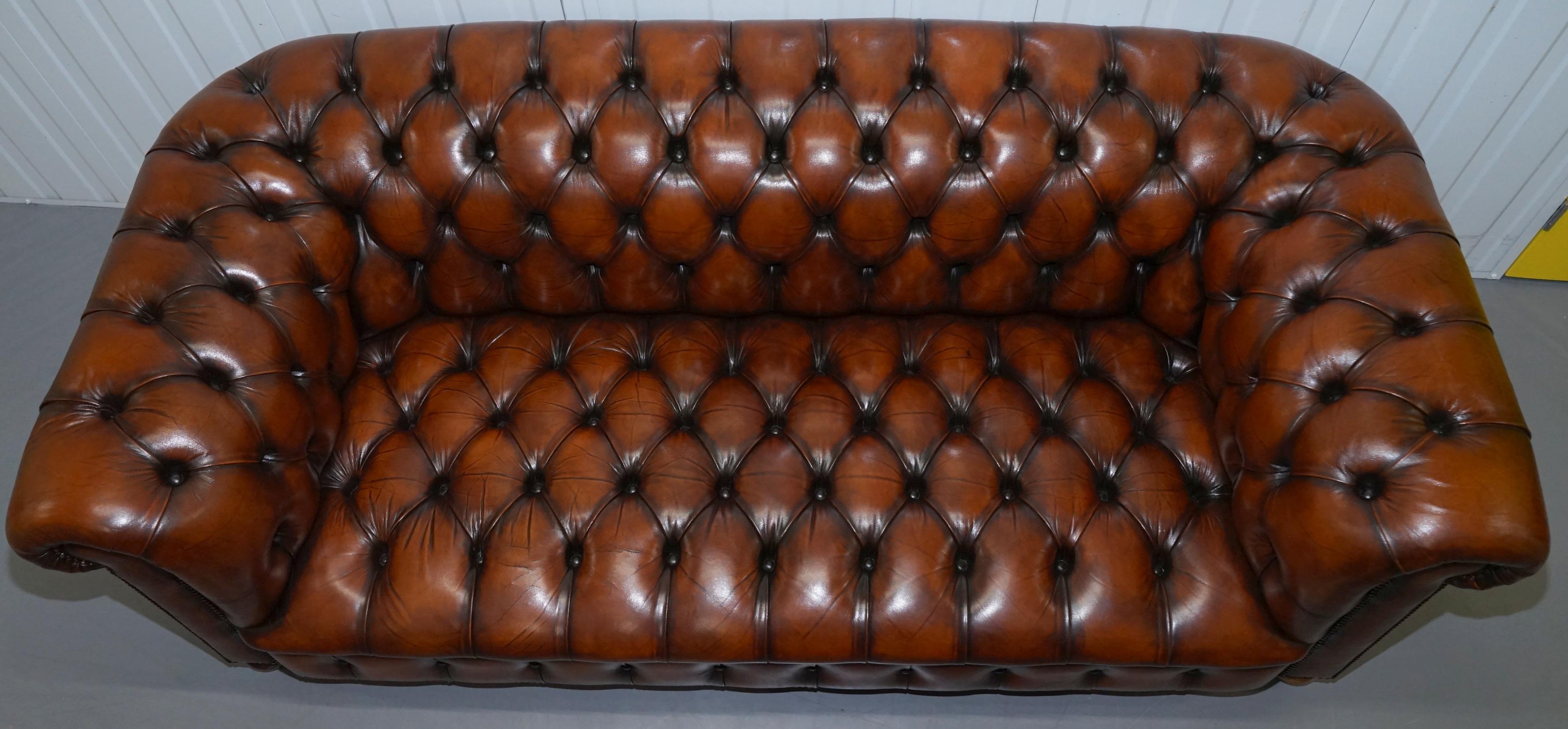 Restored Brown Leather Chesterfield Library Club Wingback Armchair & Sofa Suite 12