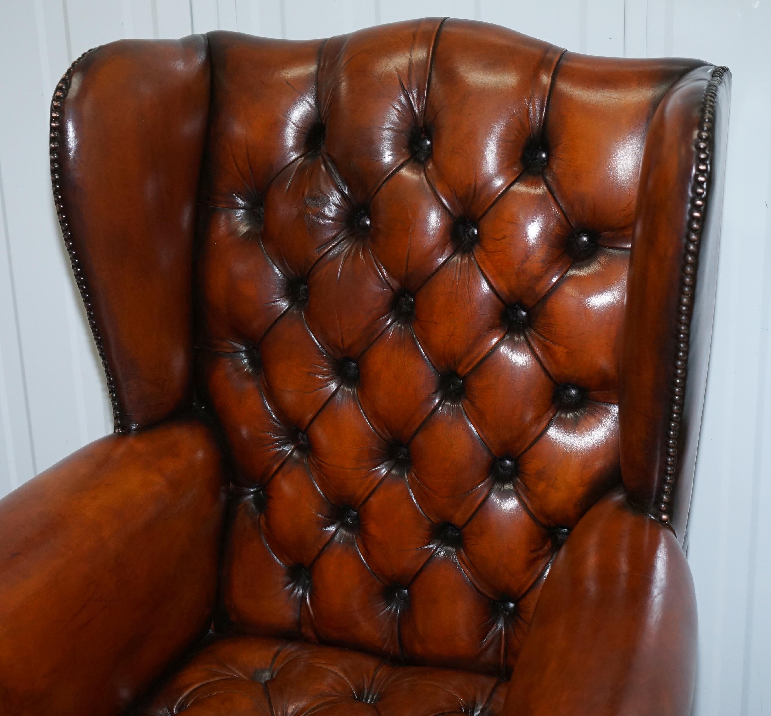 English Restored Brown Leather Chesterfield Library Club Wingback Armchair & Sofa Suite