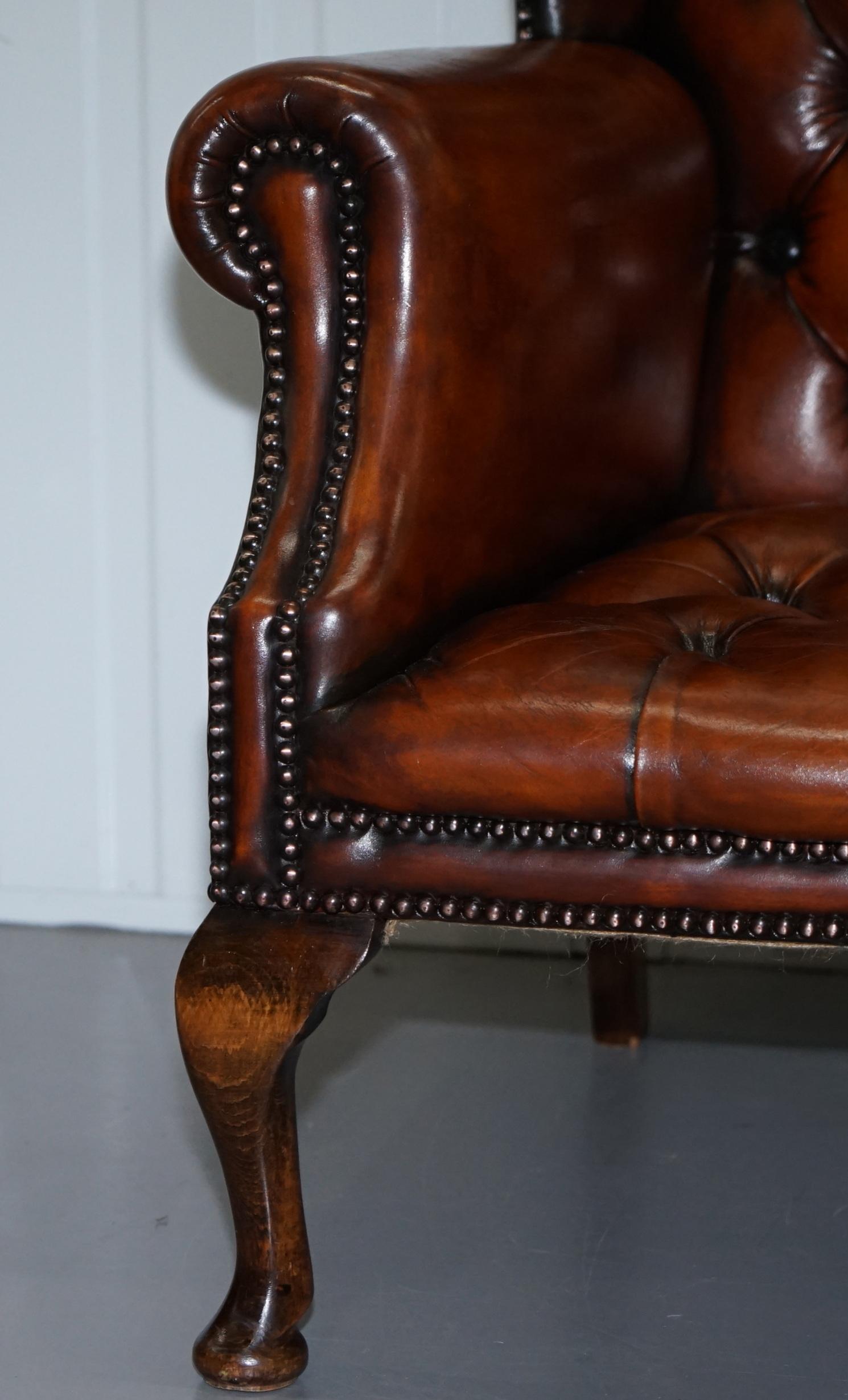 Hand-Crafted Restored Brown Leather Chesterfield Library Club Wingback Armchair & Sofa Suite