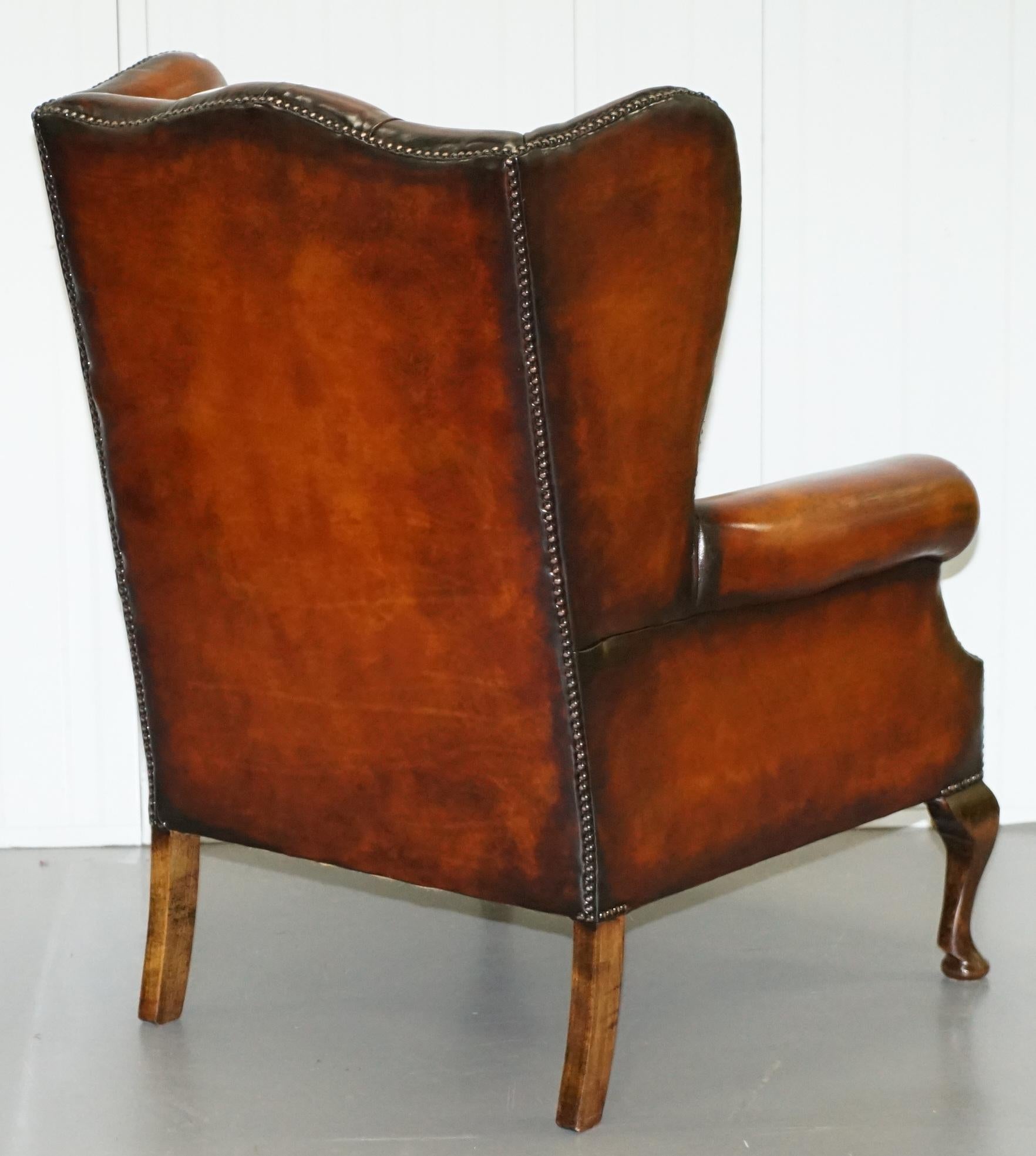 20th Century Restored Brown Leather Chesterfield Library Club Wingback Armchair & Sofa Suite