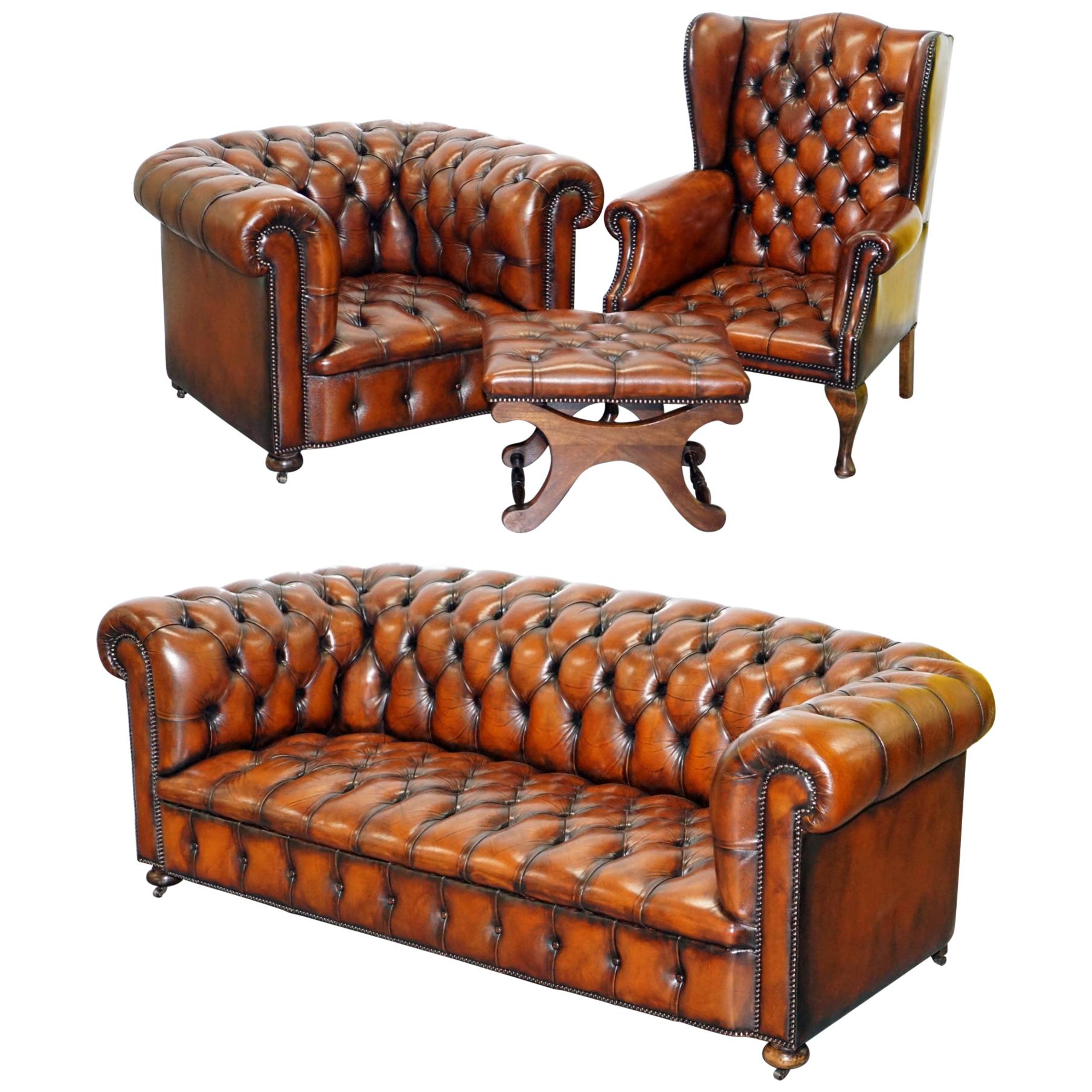 Restored Brown Leather Chesterfield Library Club Wingback Armchair & Sofa Suite