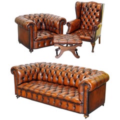 Vintage Restored Brown Leather Chesterfield Library Club Wingback Armchair & Sofa Suite